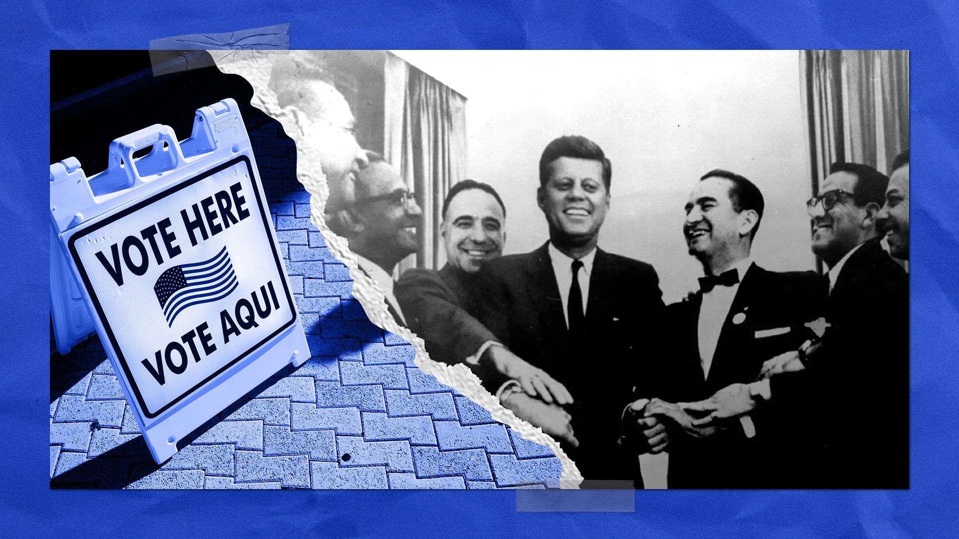 Photo illustration of a "Vote Here" sign translated into Spanish and candidate John F. Kennedy with members of the Viva Kennedy leaders in 1960. 