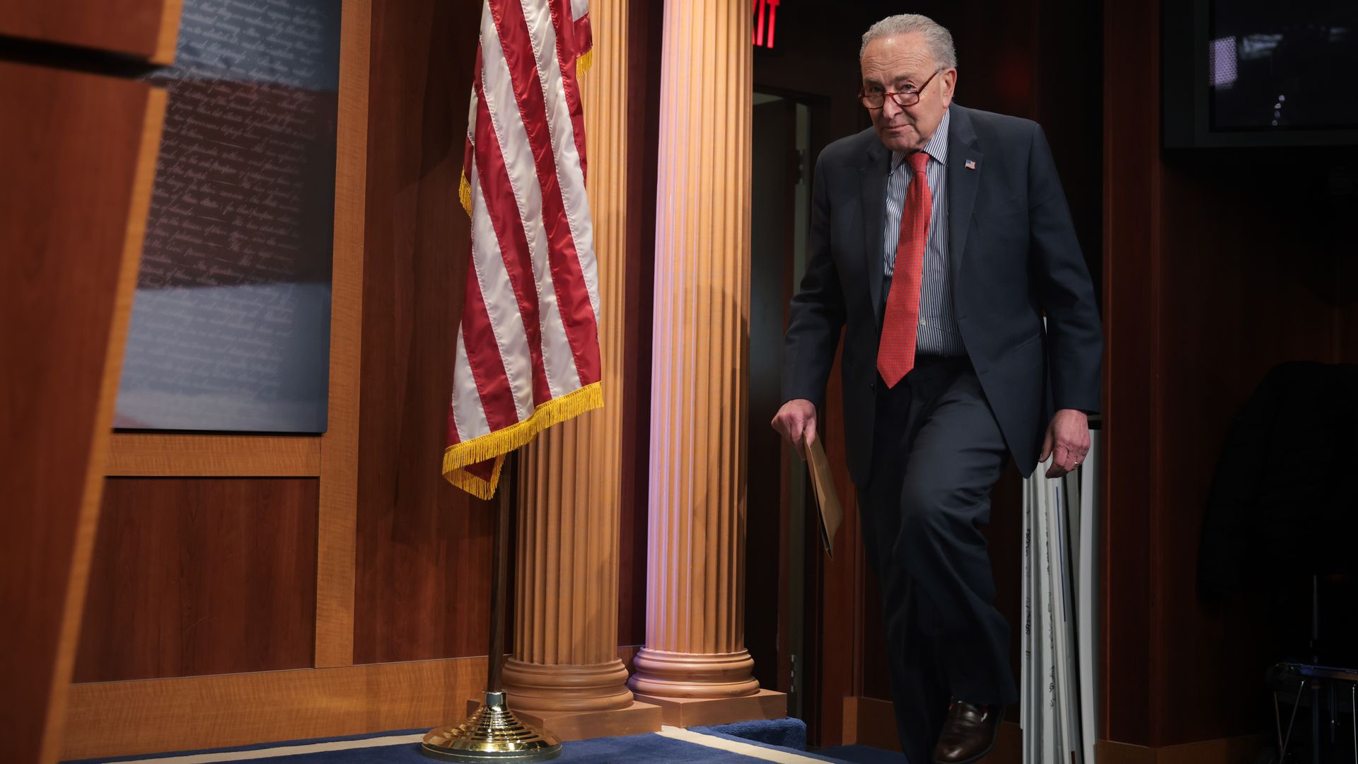 U.S. Senate Minority Leader Chuck Schumer (D-NY) enters a news conference on President Donald Trump's tariffs at the U.S. Capitol on April 09, 2025 in Washington, DC.