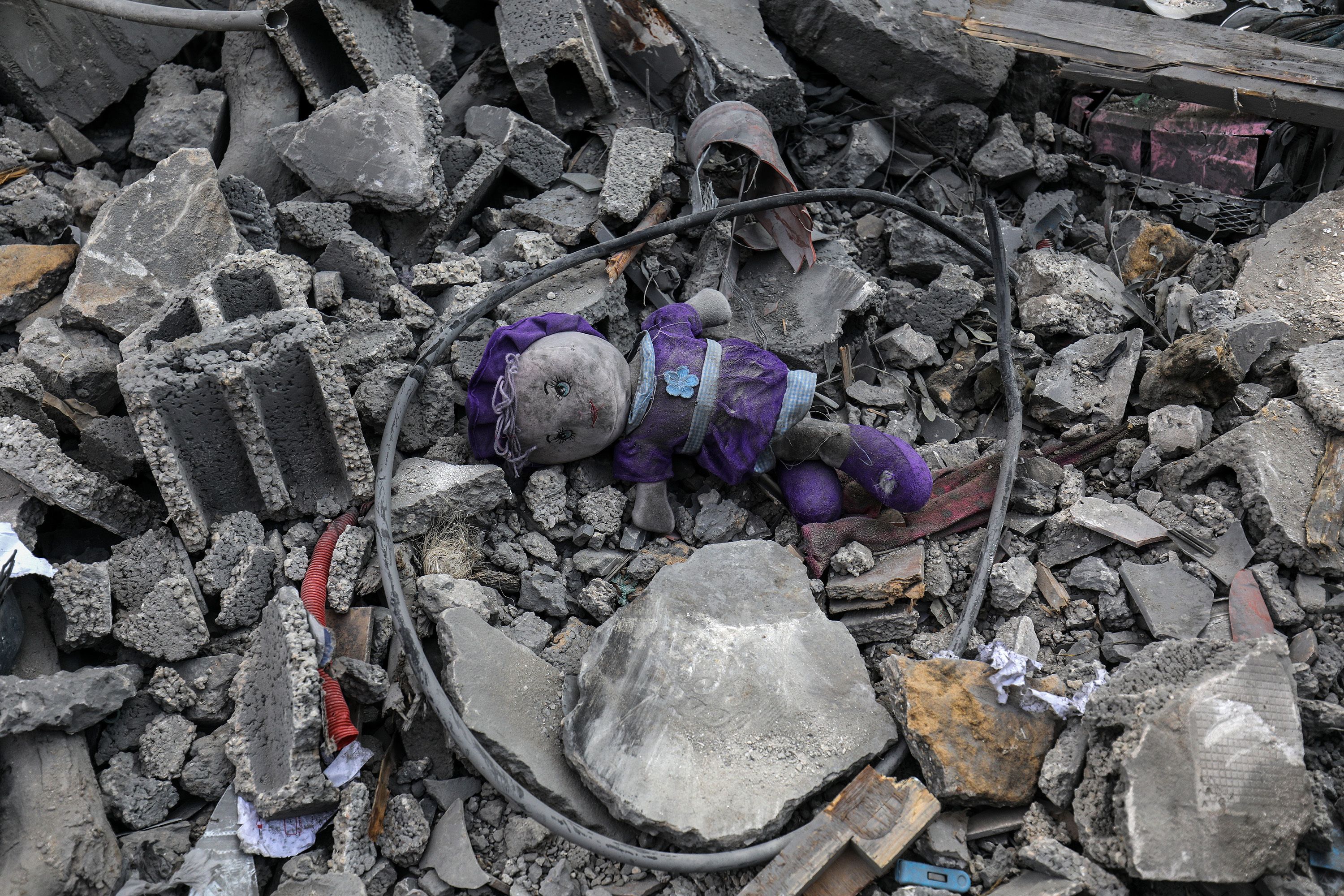A view of a toy between the rubbles of a destroyed residential building after the Israeli airstrikes in Rafah, Gaza on October 18