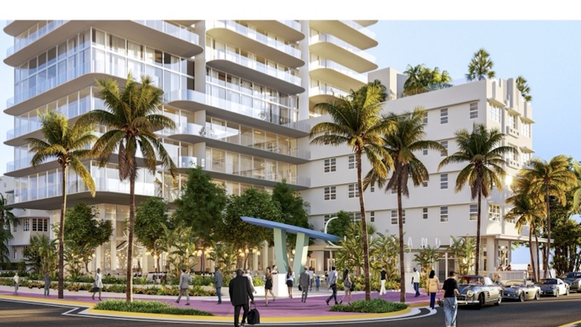 A rendering shows a man in a suit standing in front of a white building 