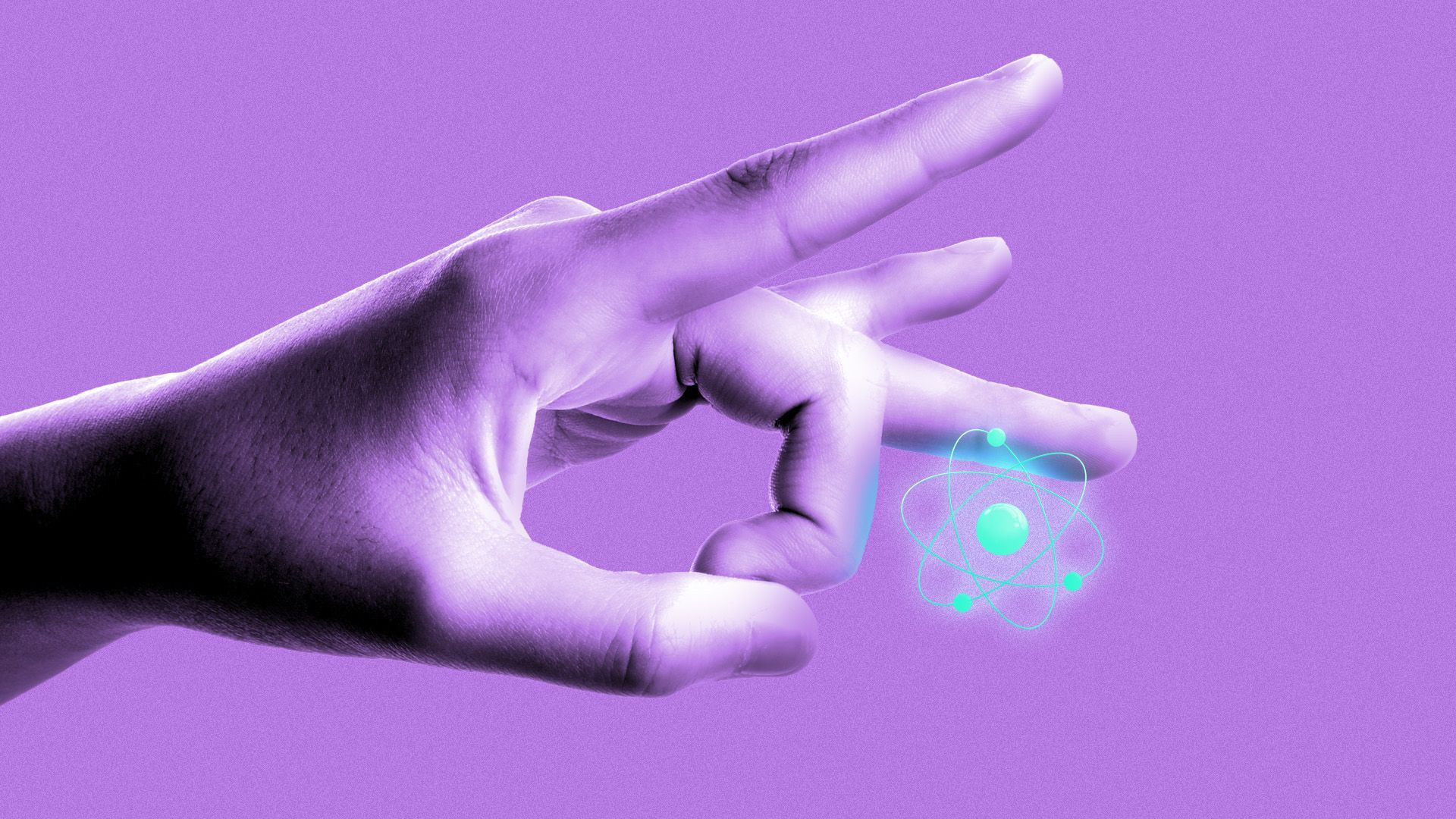 Illustration of a giant hand about to flick a tiny atom