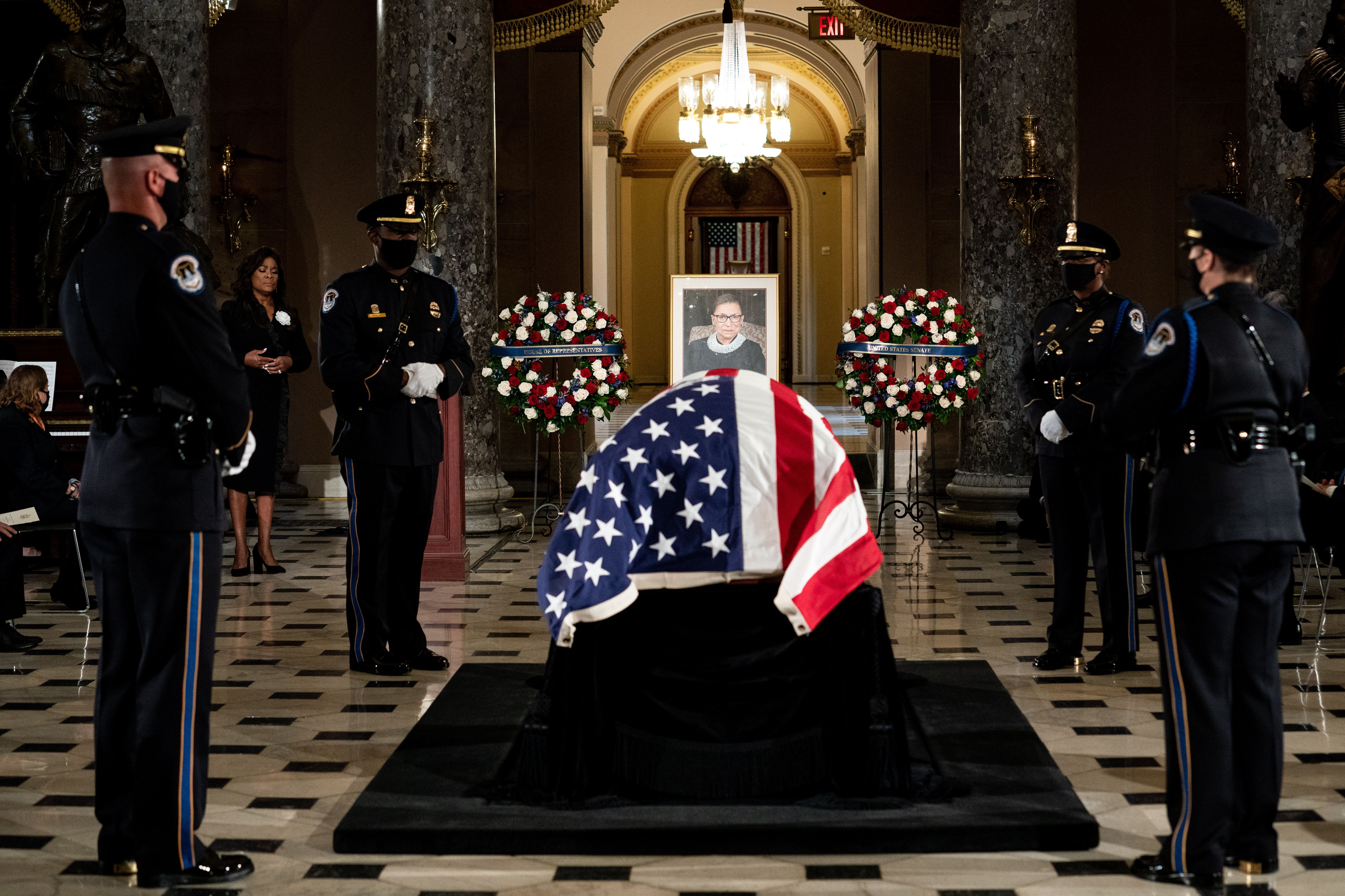 RBG's casket draped with a U.S. flag