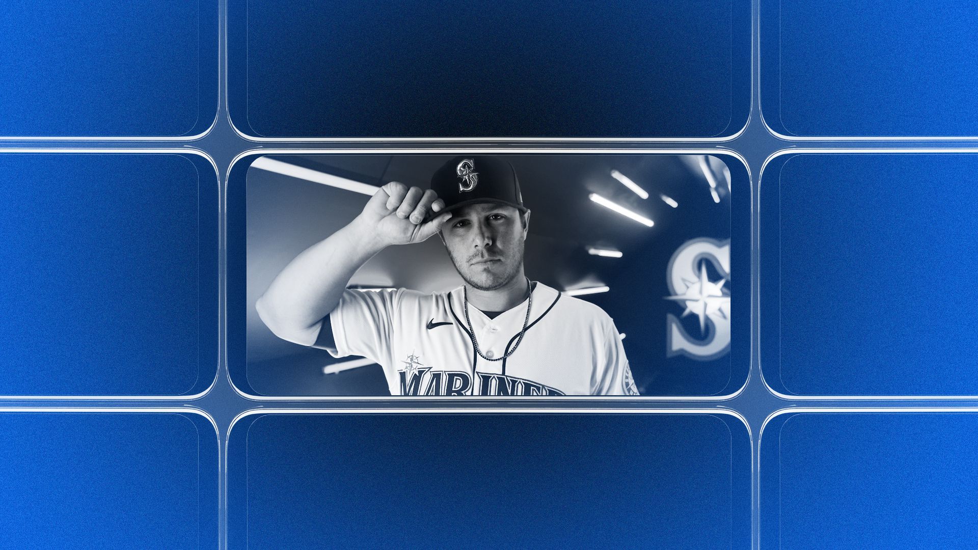 Photo illustration of a grid of smartphone screens, the center one showing an image of Ty France.