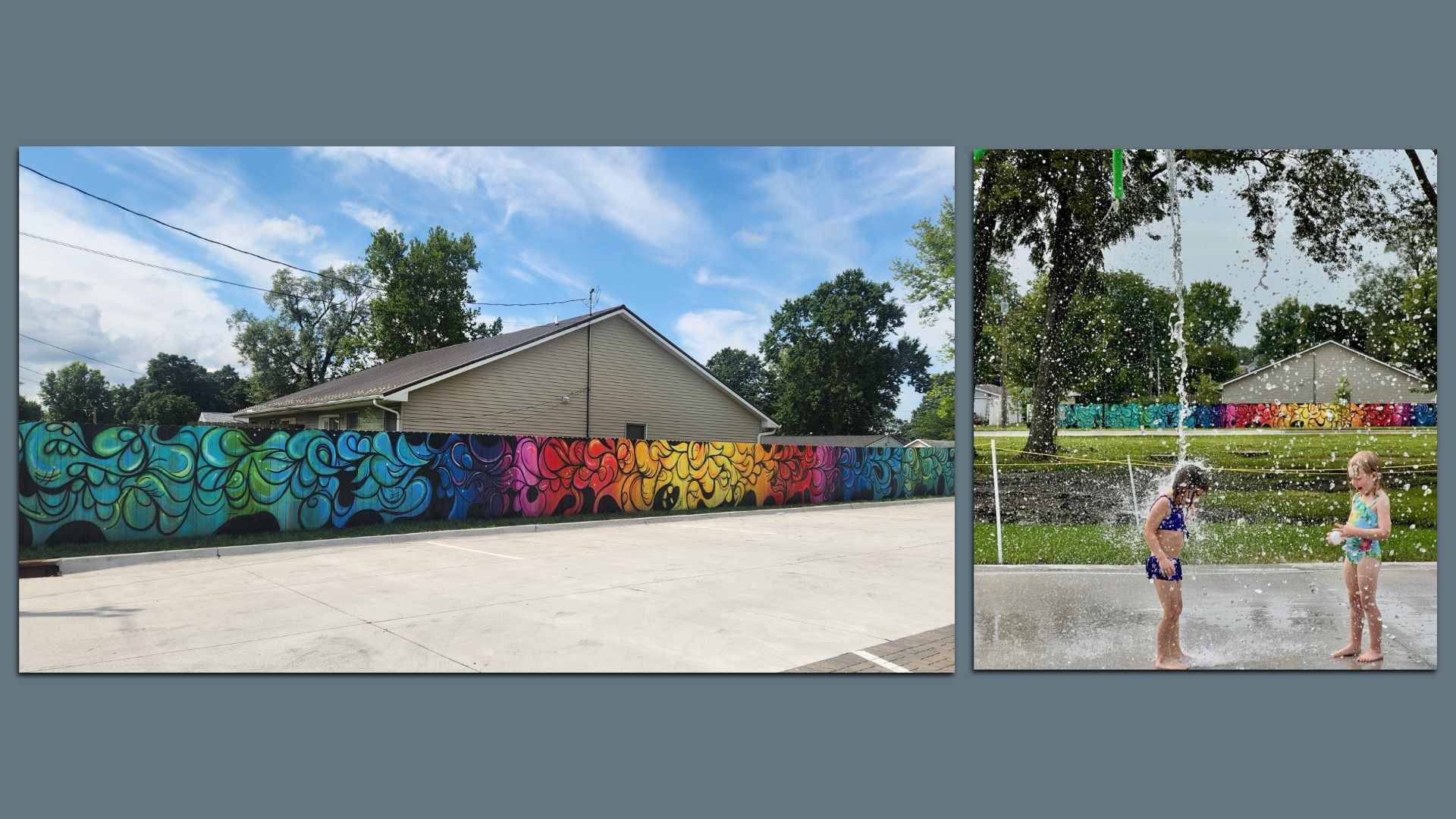 A colorful graffiti mural covering a long fence with swirls in green, blue, pink, yellow, orange, and red. Nearby, two children in swimsuits play in a water splash area under trees and blue sky.