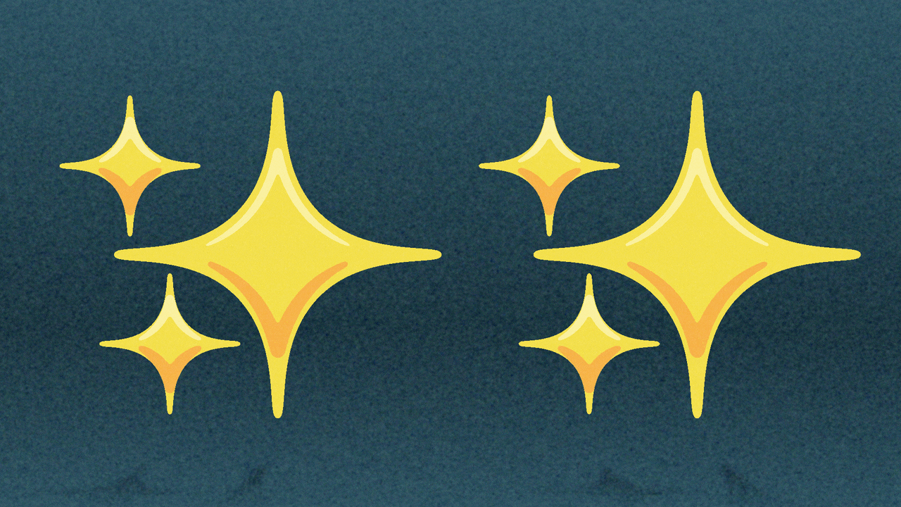 Animated illustration of two sparkle emojis merging into one.
