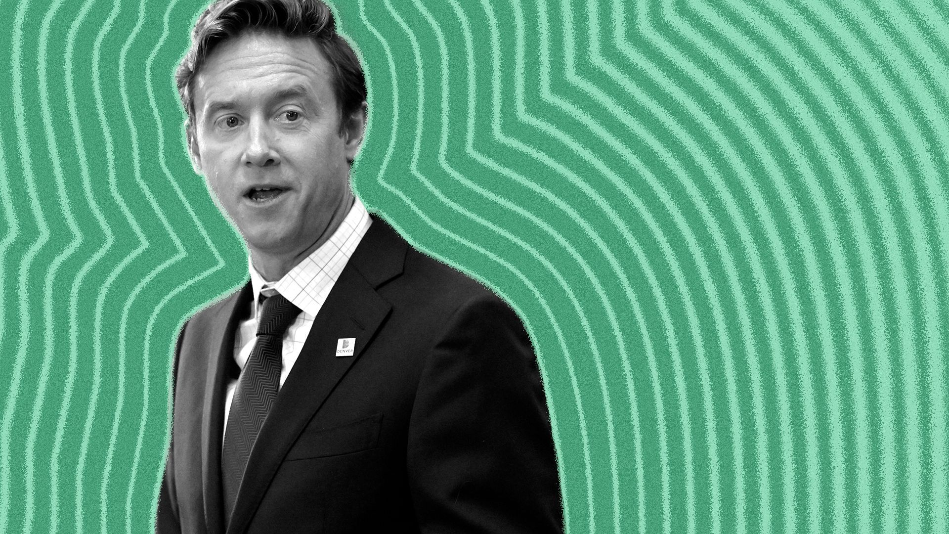 Photo illustration of Denver mayor Mike Johnston with lines radiating from him.