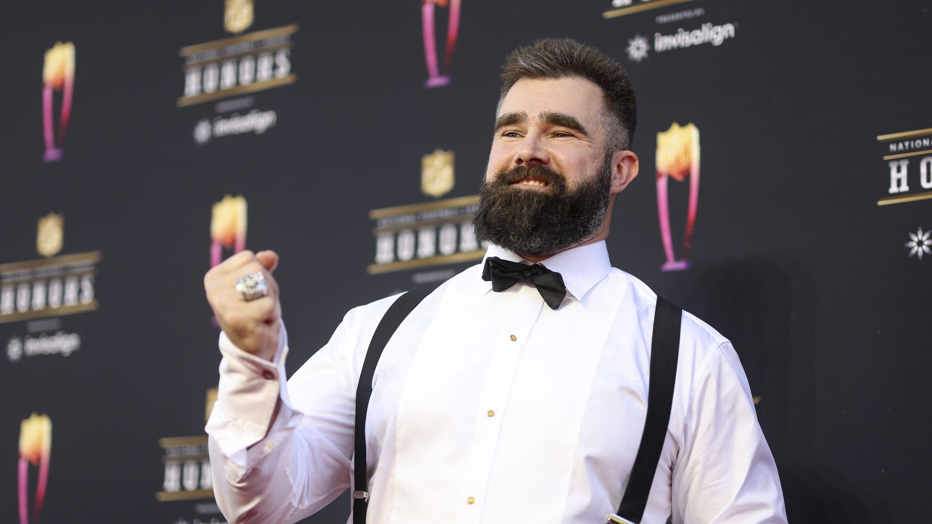 Jason Kelce walks the red carpet at an NFL event.