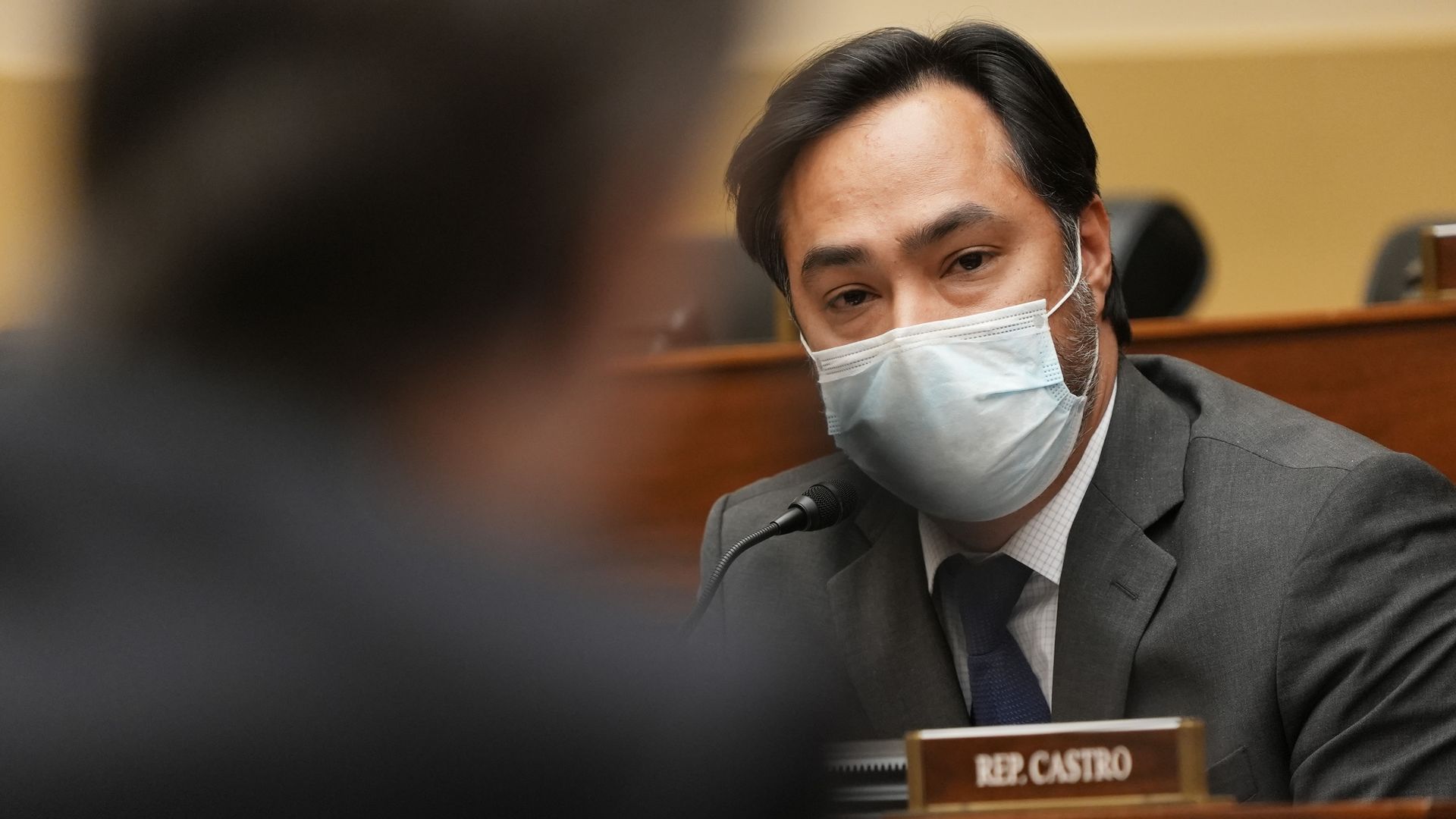 U.S. Rep. Joaquin Castro (D-Texas) listens as U.S. Secretary of State Antony Blinken testifies before the House Committee on Foreign Affairs.