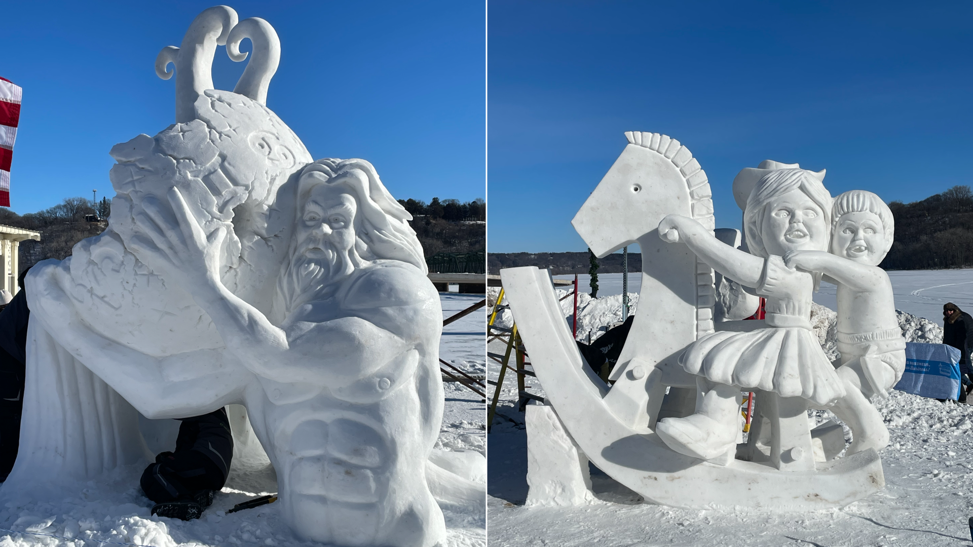 A sculpture made of snow of a man holding the earth.