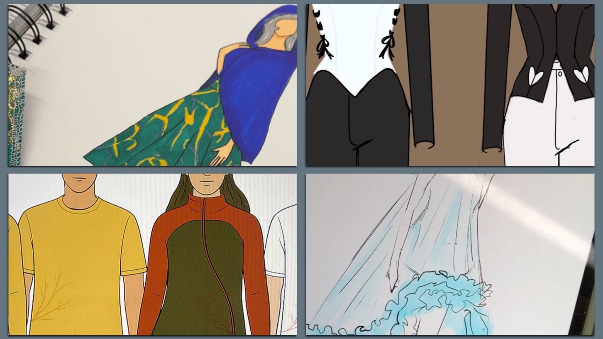 Illustration of various student fashion designs from the Bellevue Fashion Week showcase.