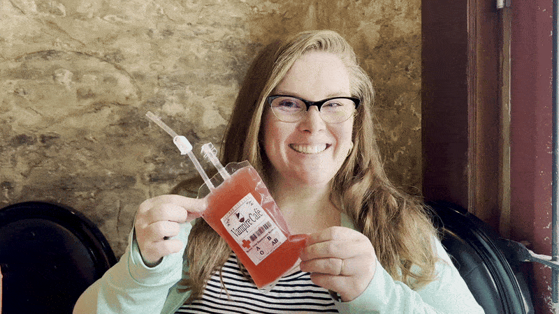Image shows Carlie with a blood bag cocktail.