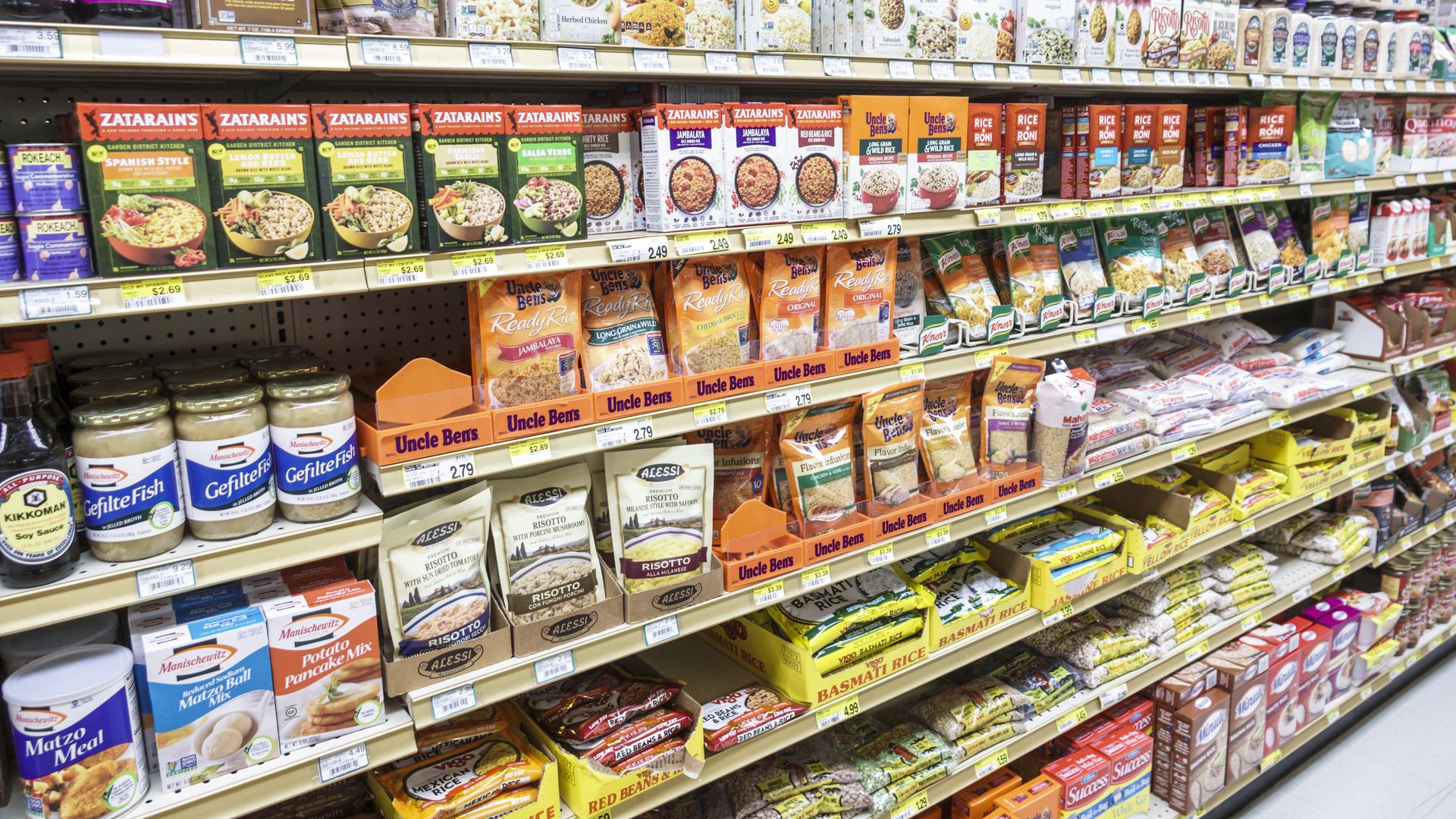 A supermarket aisle that includes "ethnic" foods.