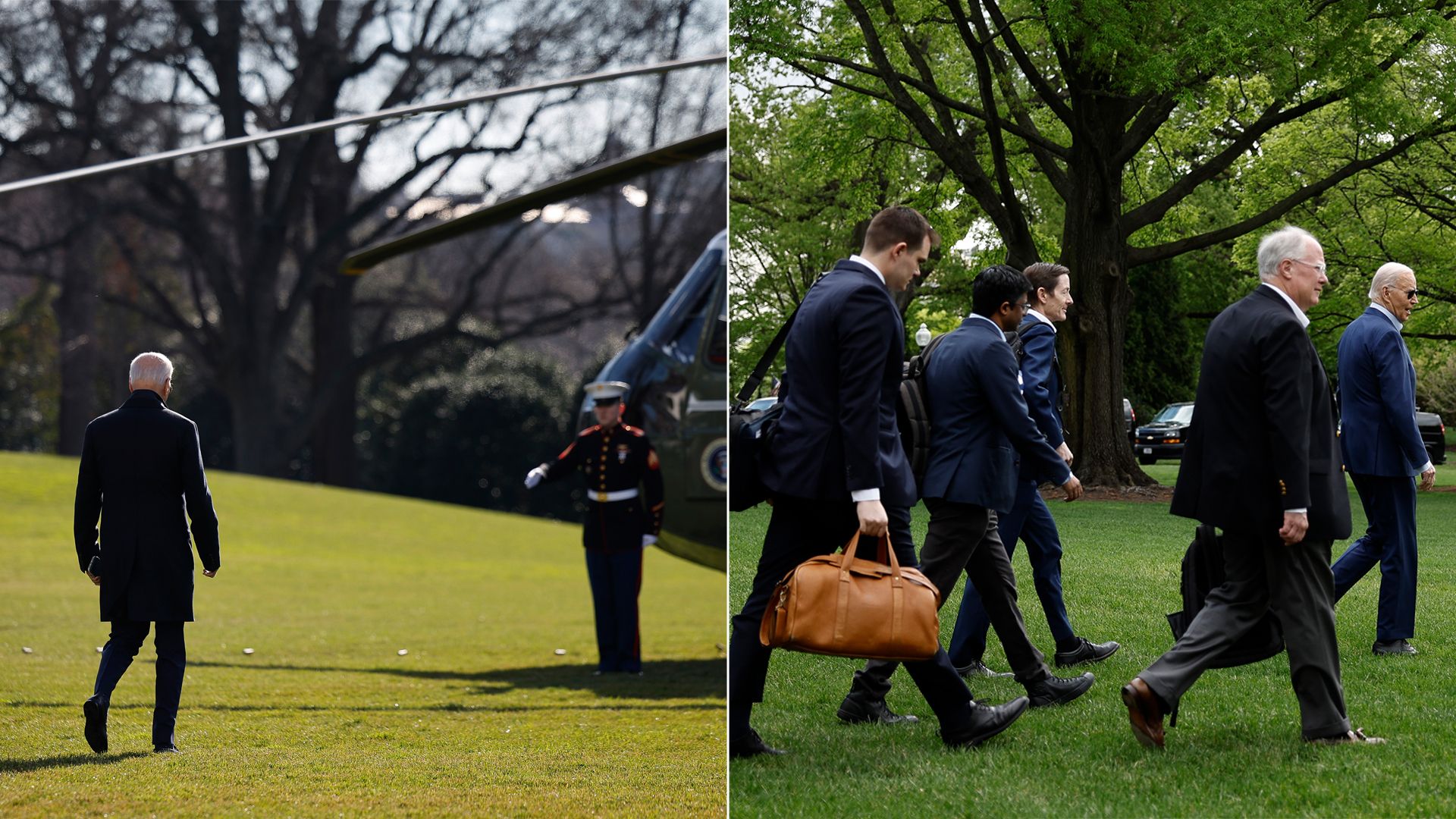 Two photos of Biden walking to Marine One. 