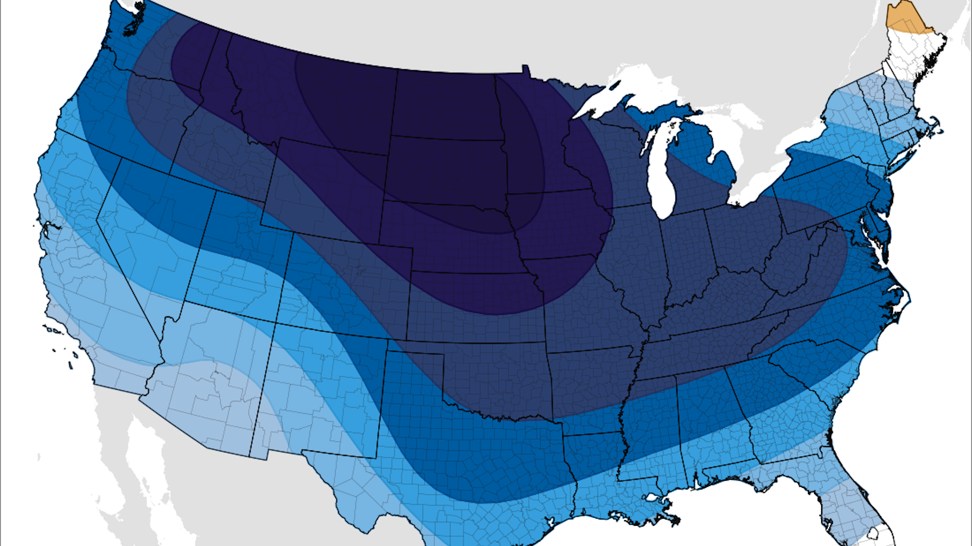 Forecast map of temperature departures from average during the next 6 to 10 days in December.