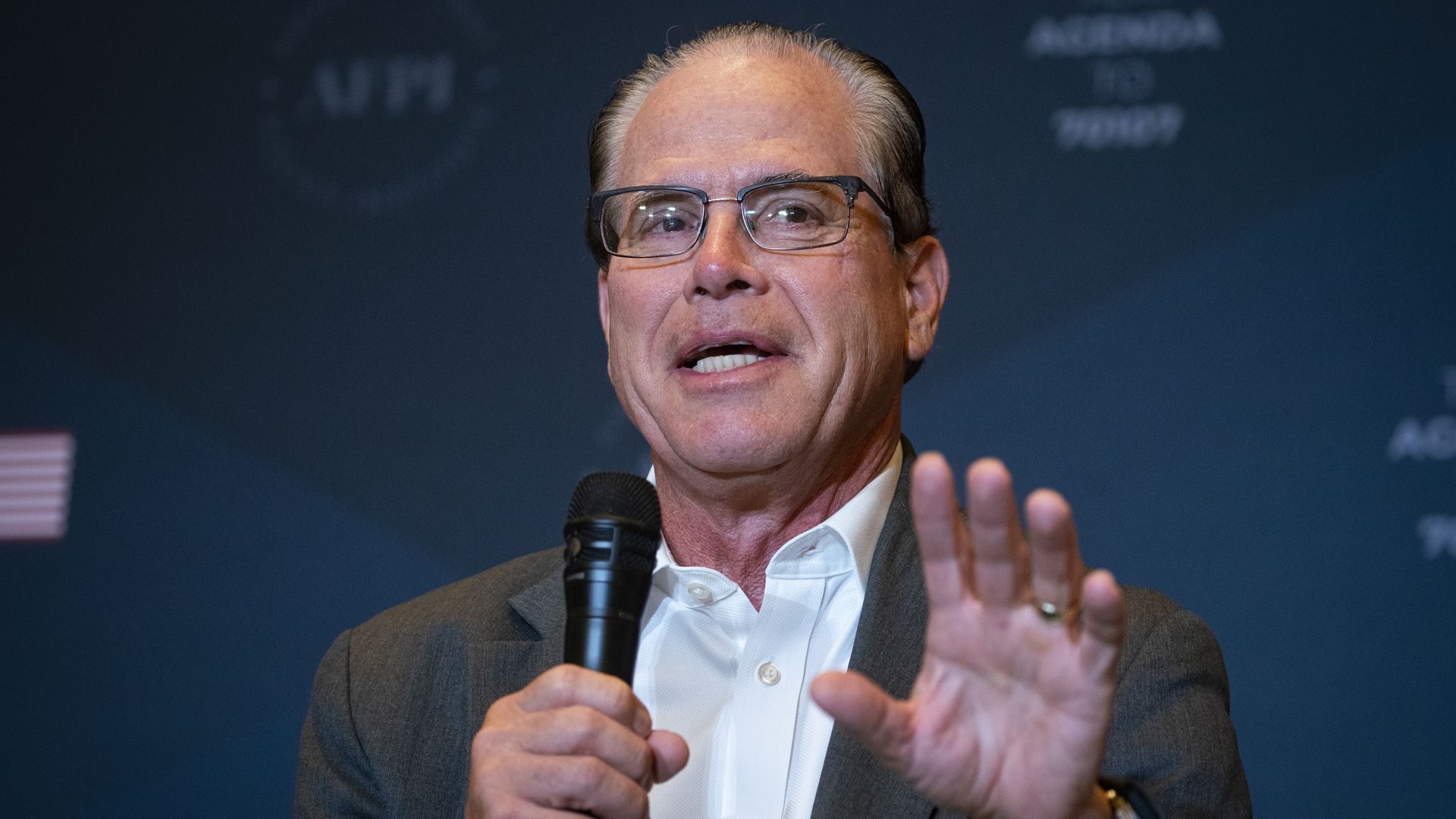 Senator Mike Braun, a Republican from Indiana, speaks during the America First Policy Institute's America First Agenda Summit.