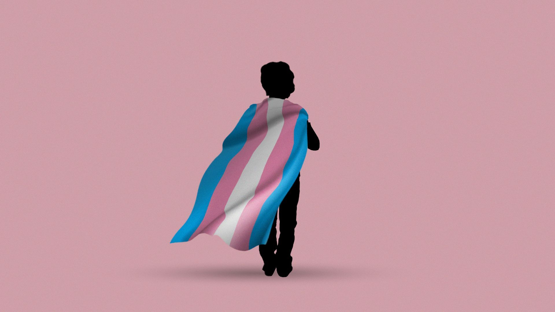 Illustration of a child in silhouette holding a transgender pride flag over their shoulders like a cape