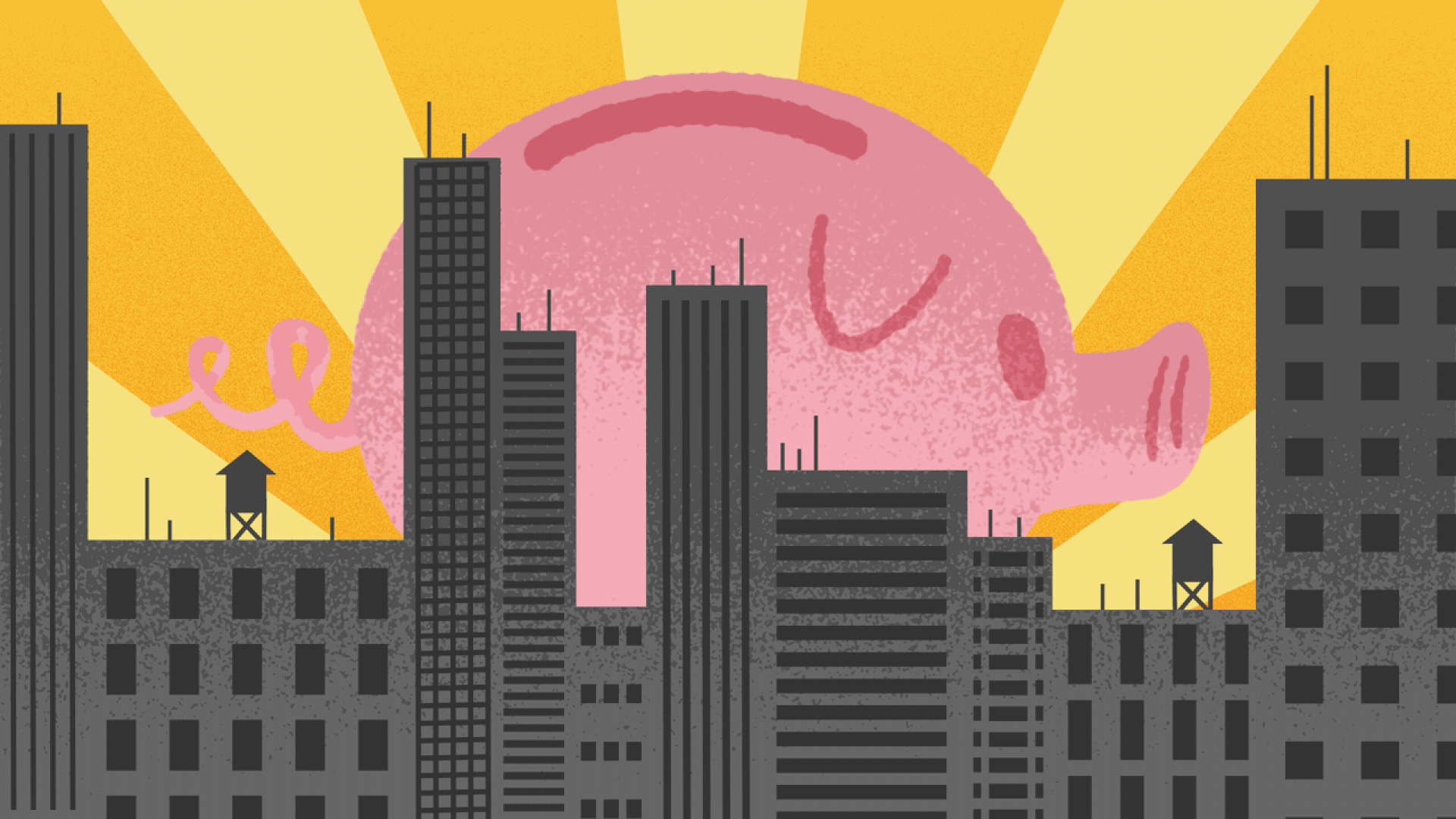 Illustration of a humongous piggy bank looming over a city skyline bathed in rays of light.