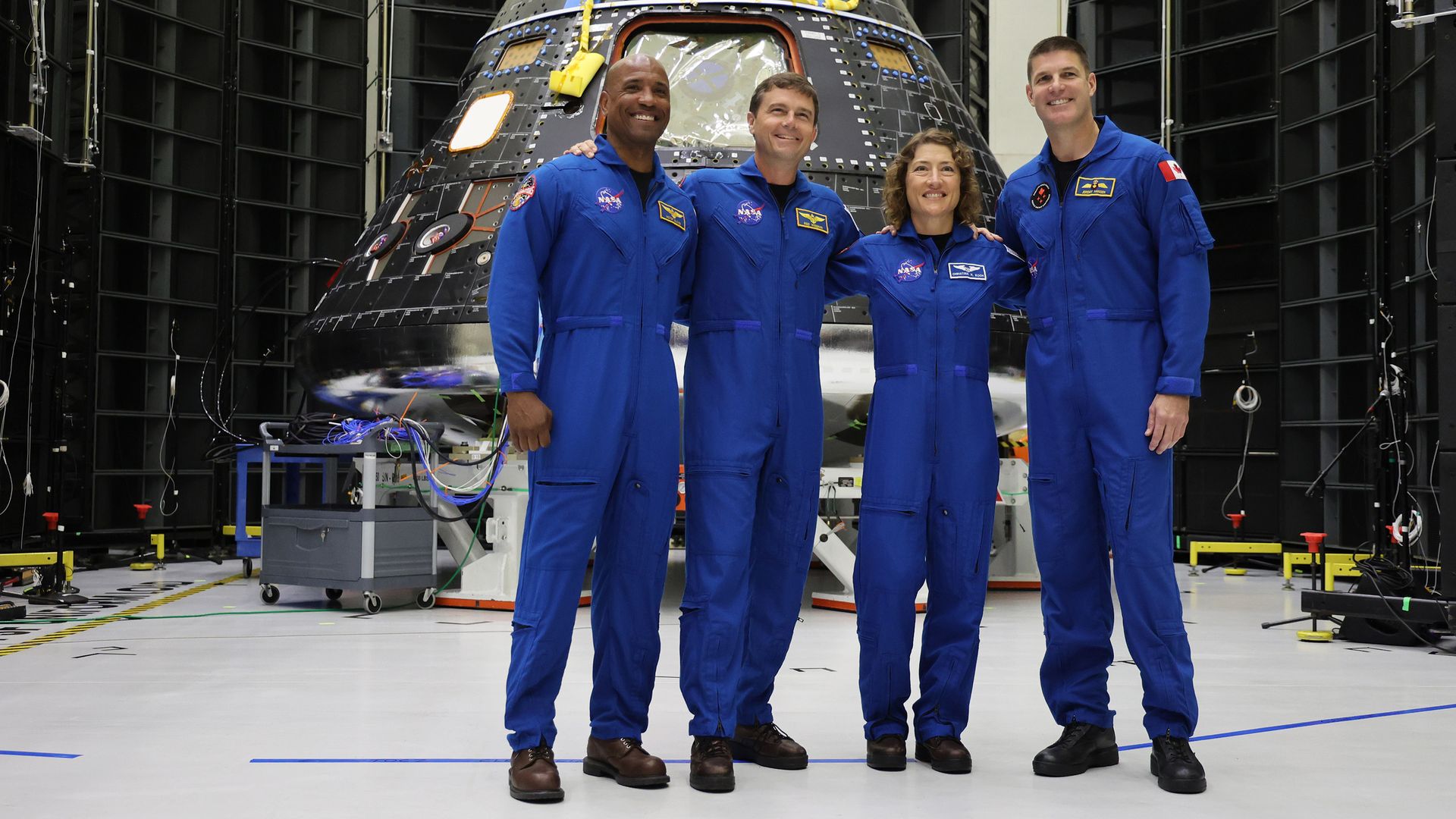 The crew members of the Artemis II mission at Kennedy Space Center in August 2023.