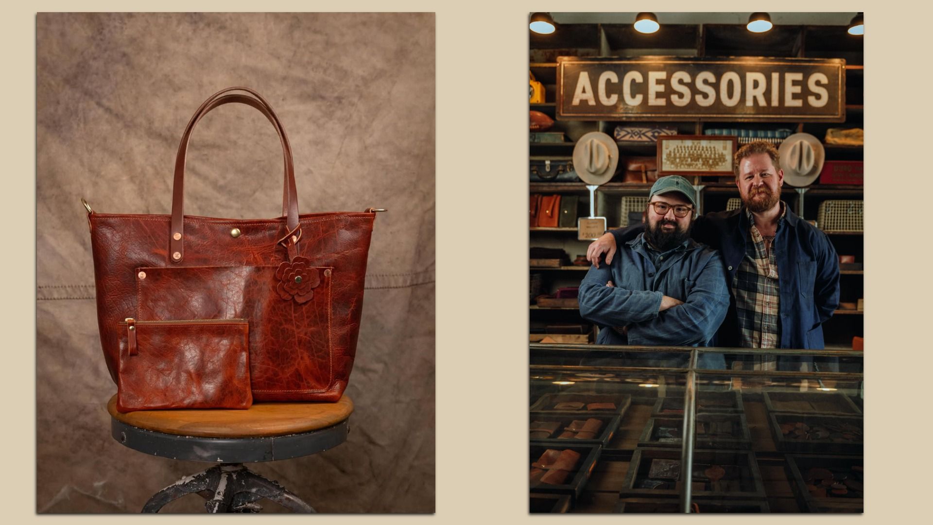 Left: Brown leather tote bag with matching pouch on a wooden stool against a textured backdrop. Right: Two people standing behind a glass counter in a store with a sign "ACCESSORIES" above shelves holding hats and bags.