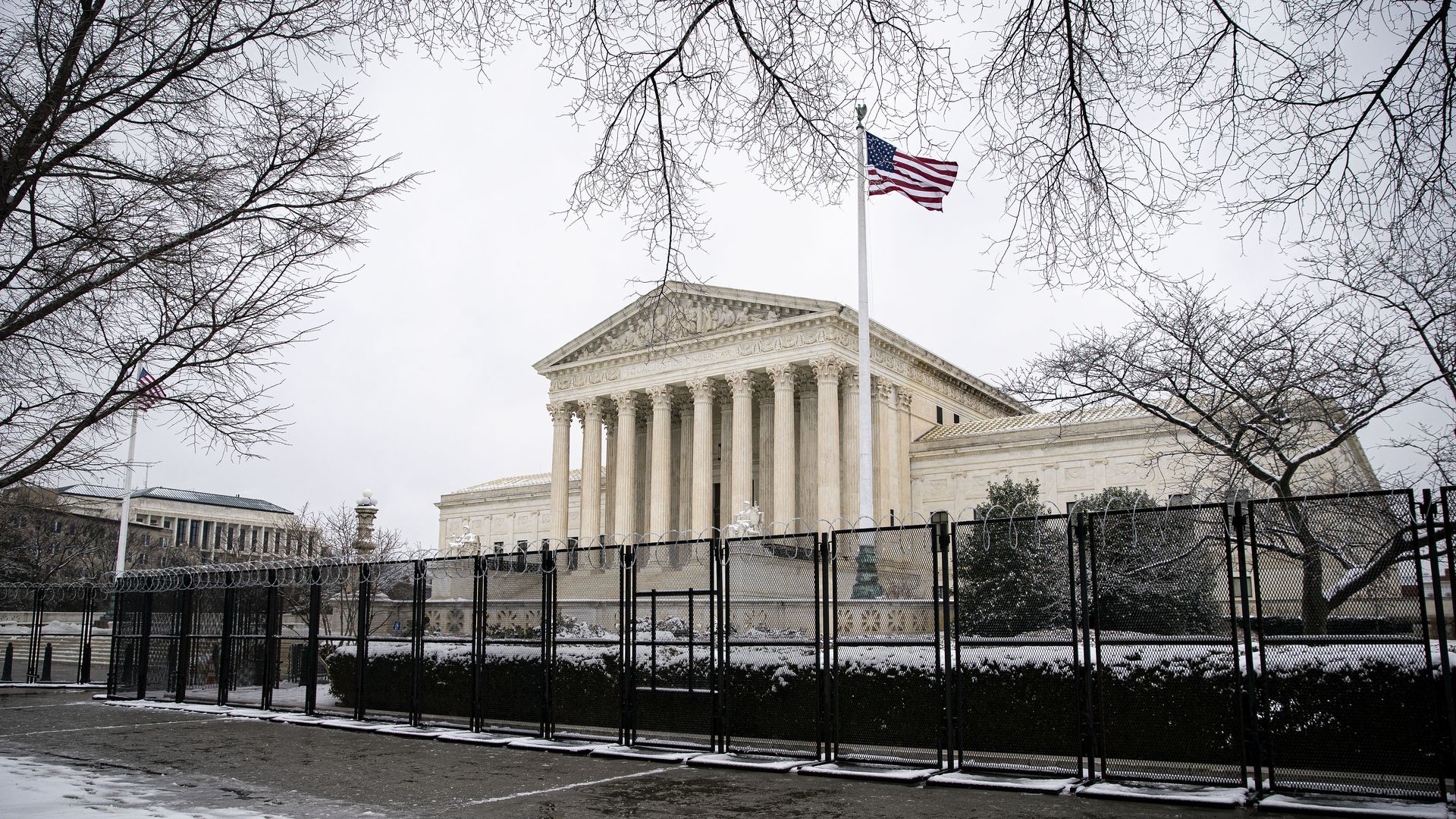 Picture of the Supreme Court building surrounded by a metal wall to protect from riots 