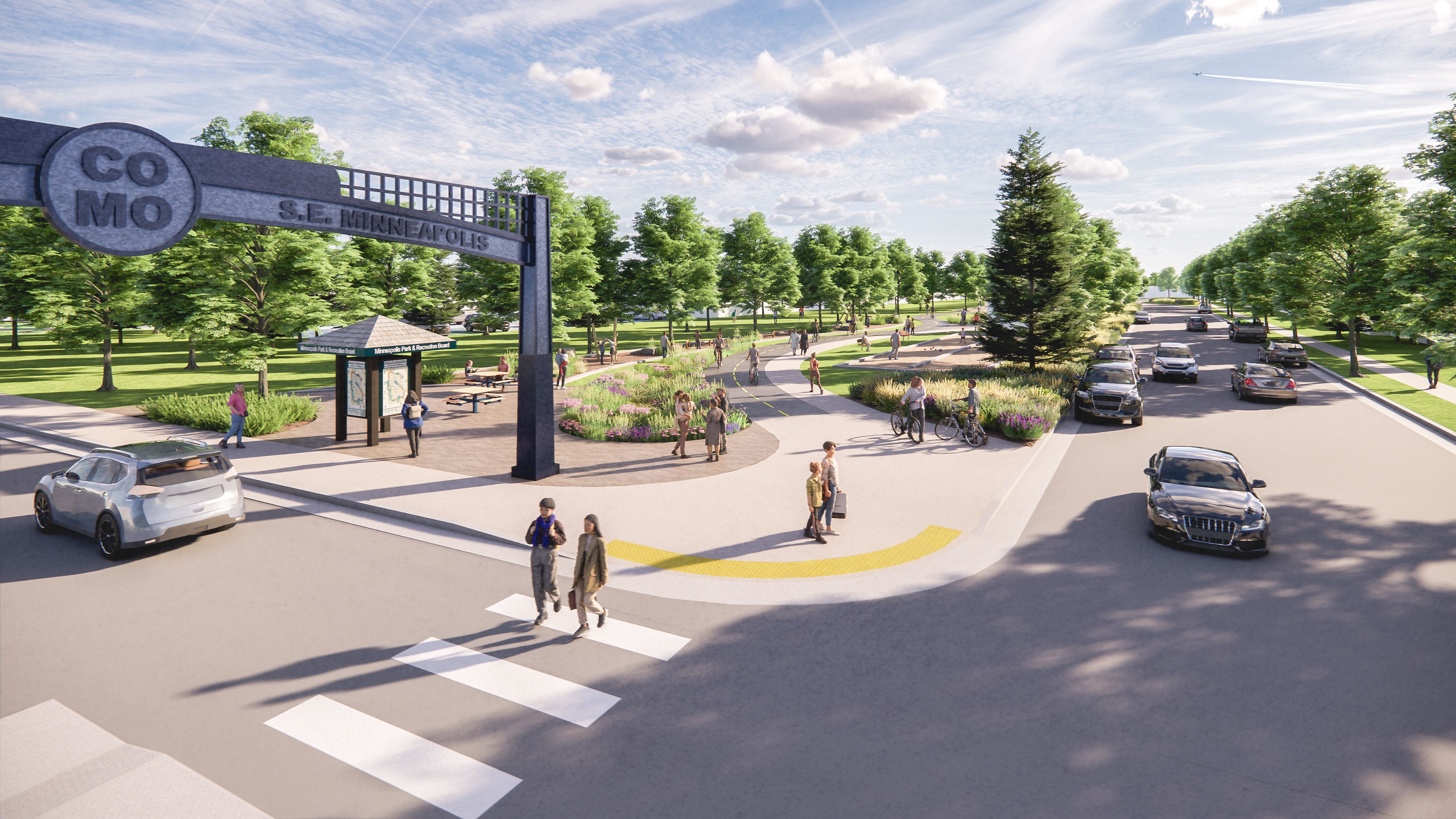 A rendering of a bike trail with a sign for Como 