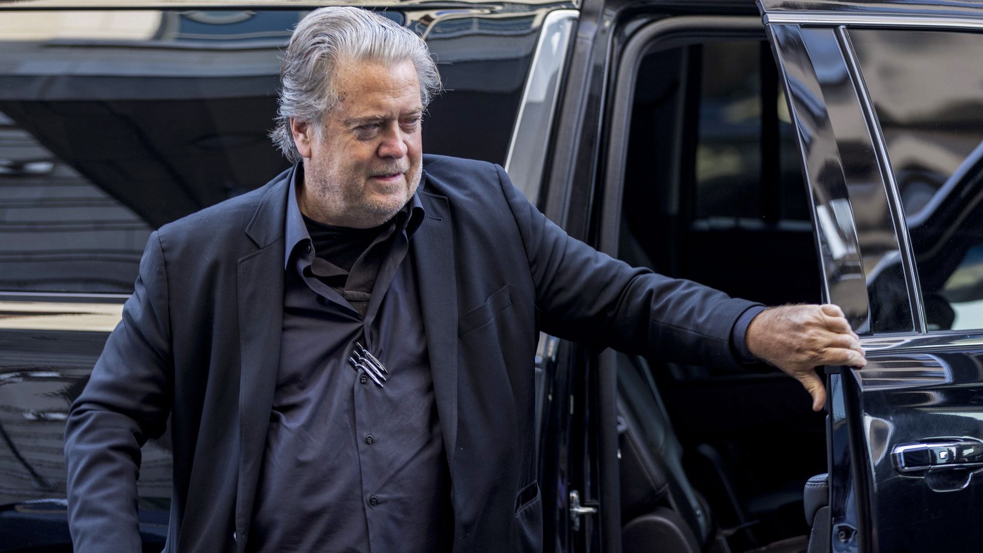  Former White House senior strategist Steve Bannon arrives at the Federal District Court House for the fifth day of his contempt of Congress trial on July 22, 2022.