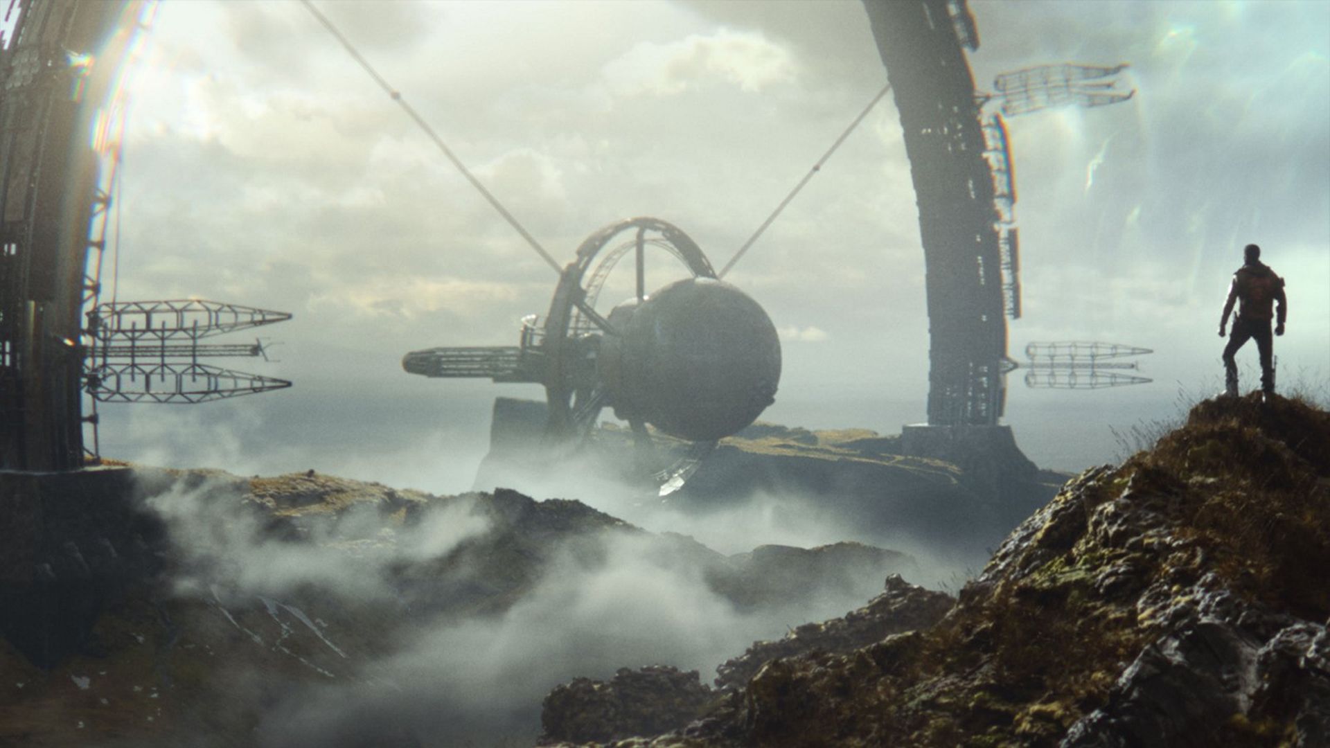 Video game image of a man on a cliff looking out at a massive radio-telescope-like structure