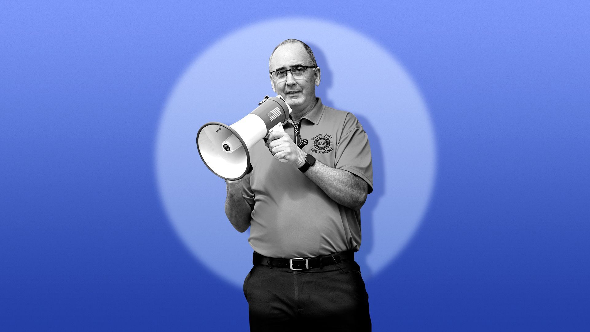 Photo Illustration of Shawn Fain with a megaphone in a spotlight