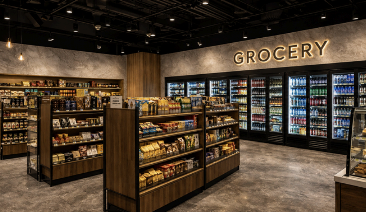 Interior of a modern grocery store with wooden shelves stocked with snacks, aisles in the foreground, and tall refrigerated units along the back wall labeled "GROCERY" in warm lighting.