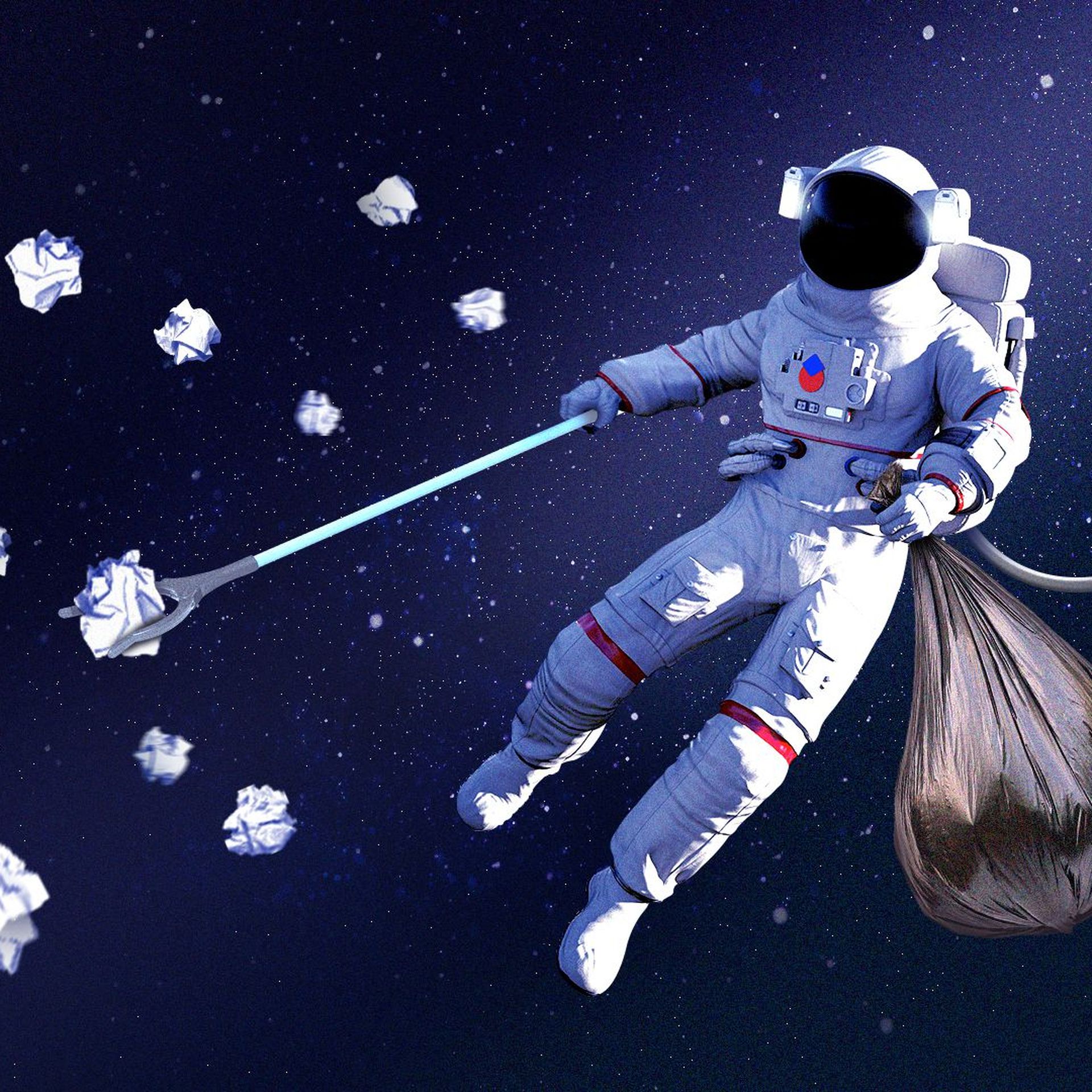 Illustration of an astronaut floating in outer space while collecting trash and holding a garbage bag.