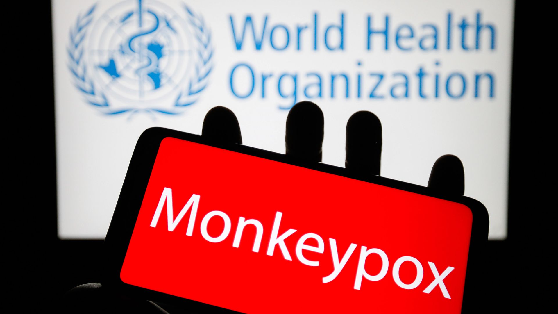 Photo of the word Monkeypox on the screen of a smartphone with the World Health Organization (WHO) logo in the background