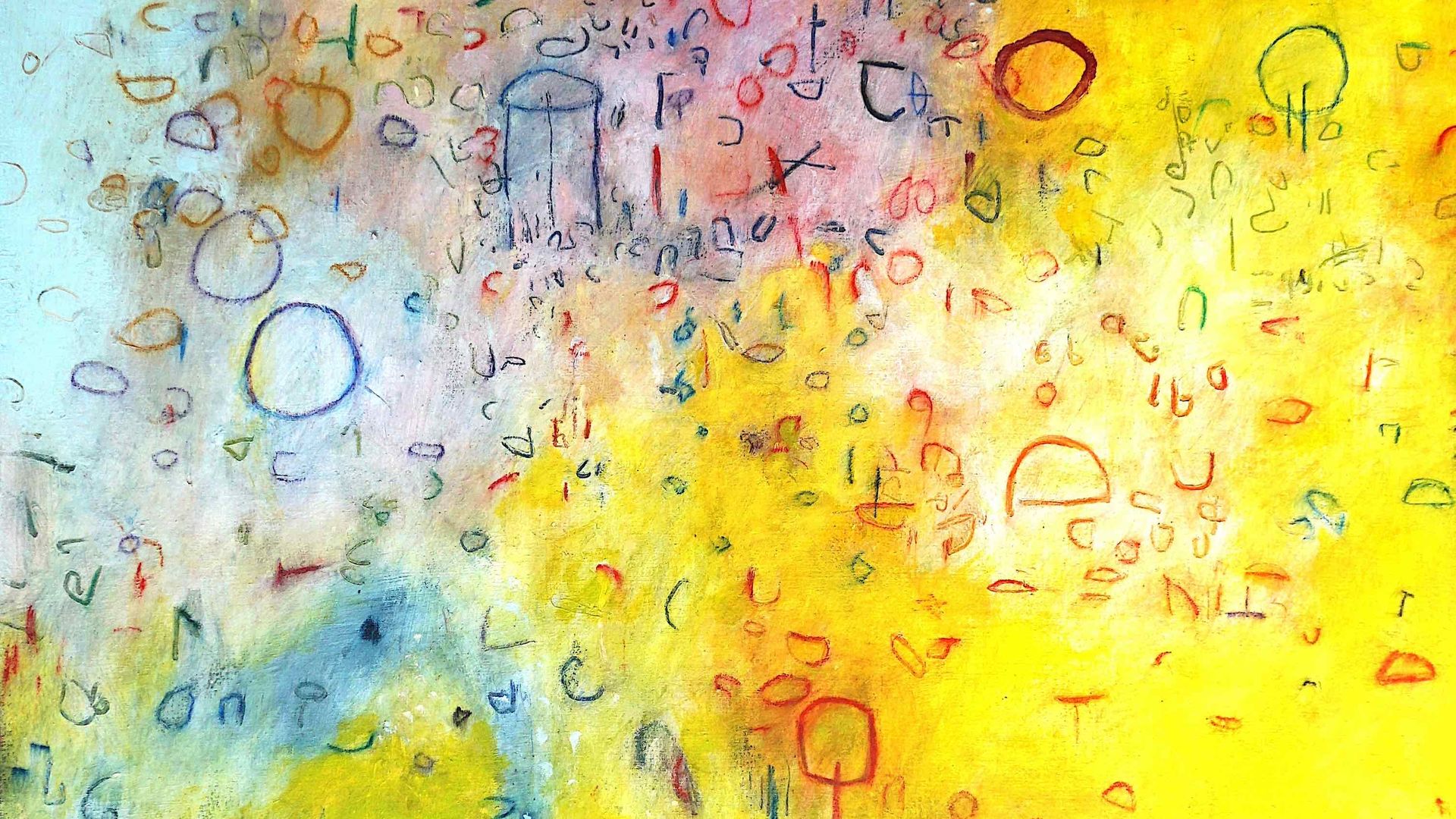 A yellow and blue abstract painting with circles and dashes