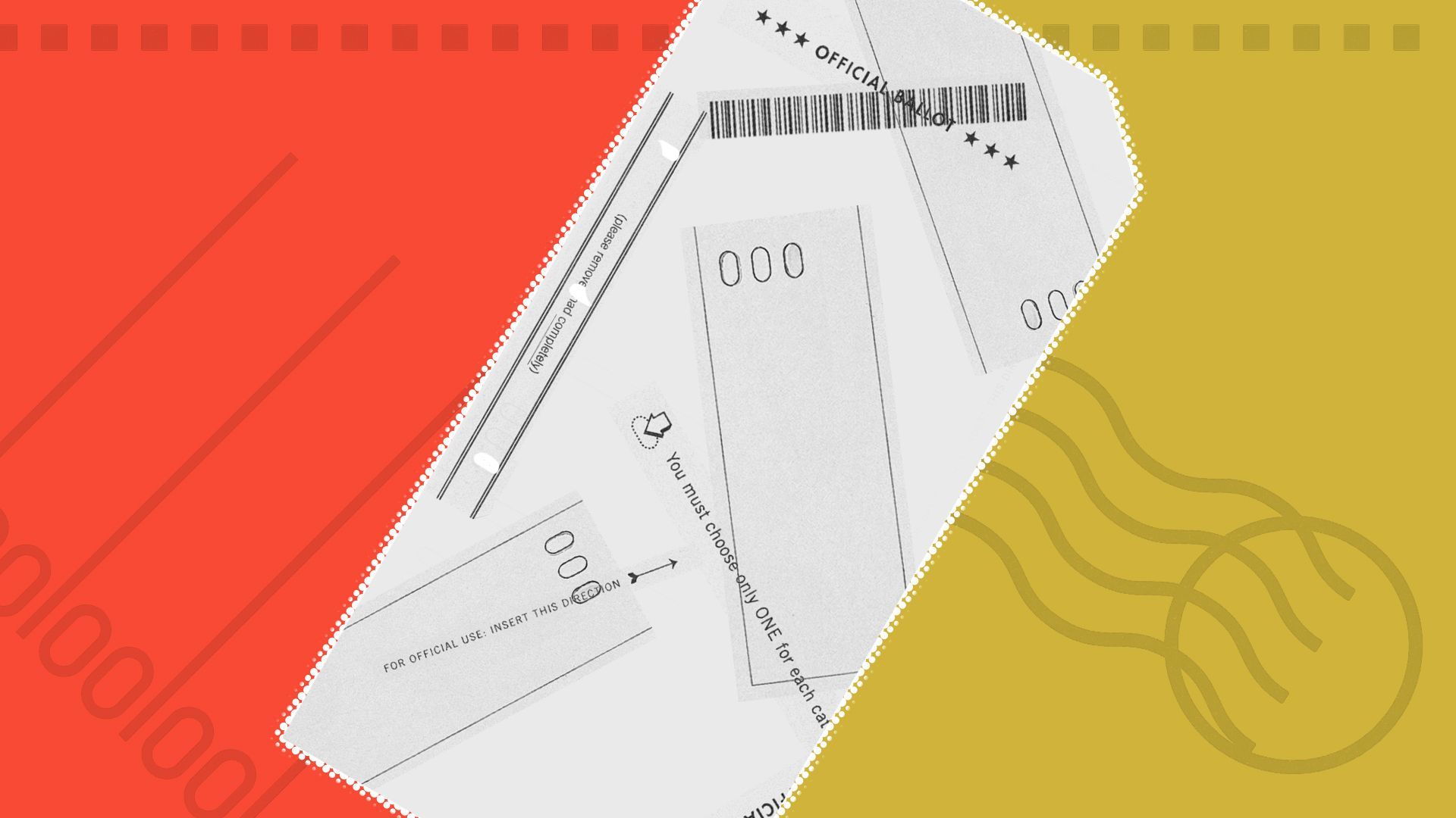Illustration of a misprinted ballot with ballot elements in the background.