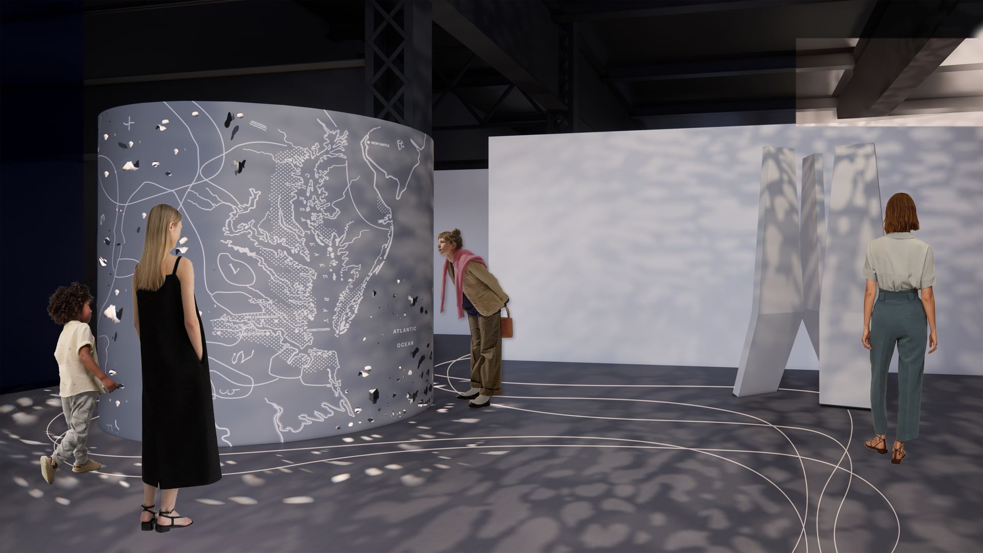 image shows people looking at 3-d map