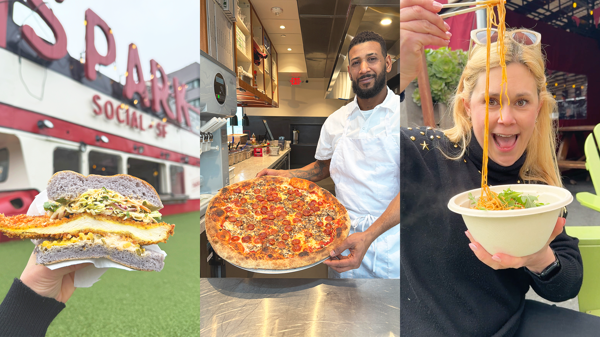 Photo collage showing a hand holding a sandwich, a chef holding a pizza and Claire Reilly with a bowl of noodles