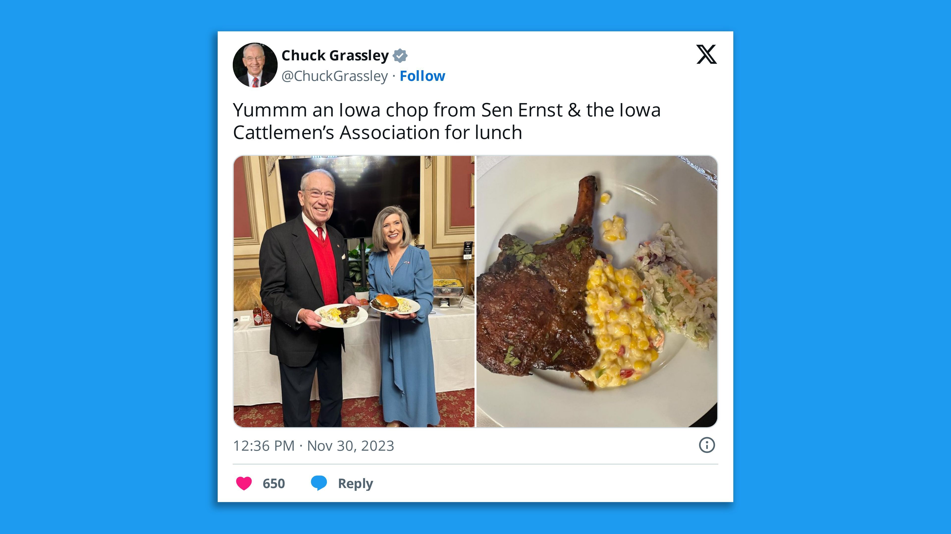 A screenshot of a Twitter photo of Sens. Chuck Grassley and Joni Ernst with a meal, with the comment: " Yummm an Iowa chop from Sen Ernst & the Iowa Cattlemen’s Association for lunch."