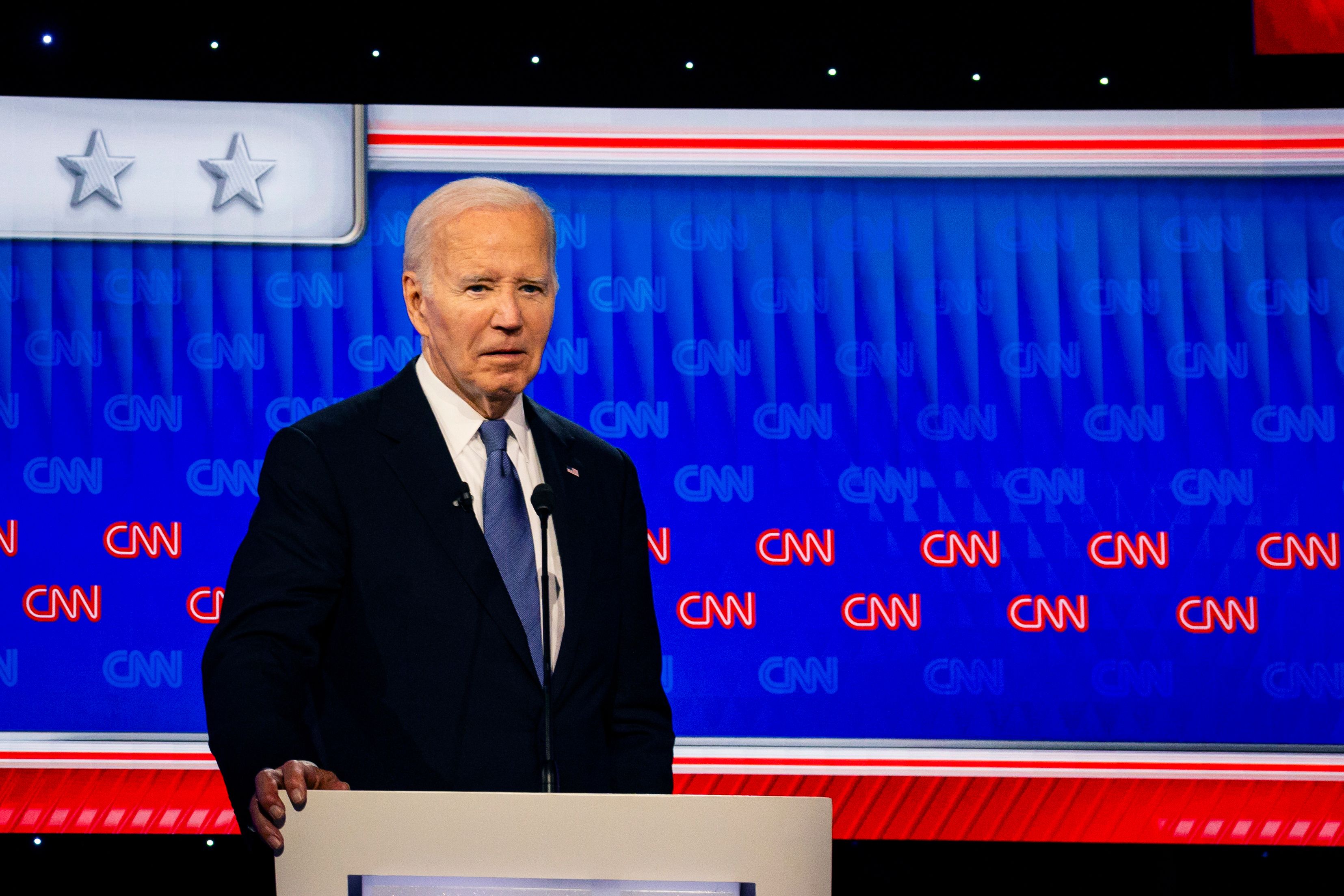 US President Joe Biden during the first presidential debate with former US President Donald Trump, not pictured, in Atlanta, Georgia, US, on Thursday, June 27, 2024. Biden and Trump are facing off for their first 2024 debate, a high-stakes opportunity to break through to politics-weary Americans and