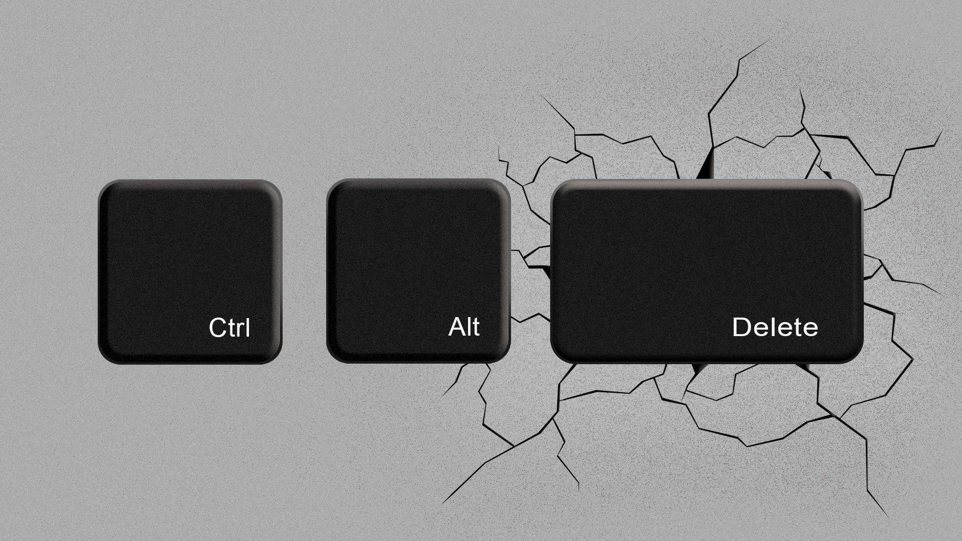 Illustration of the keys control, alt, and delete, with cracks forming under the delete button