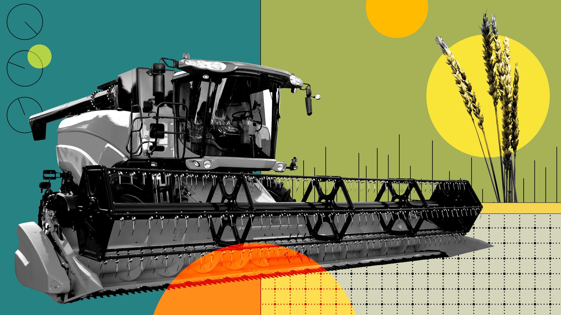 Illustration of a combine harvester, wheat and abstract shapes.