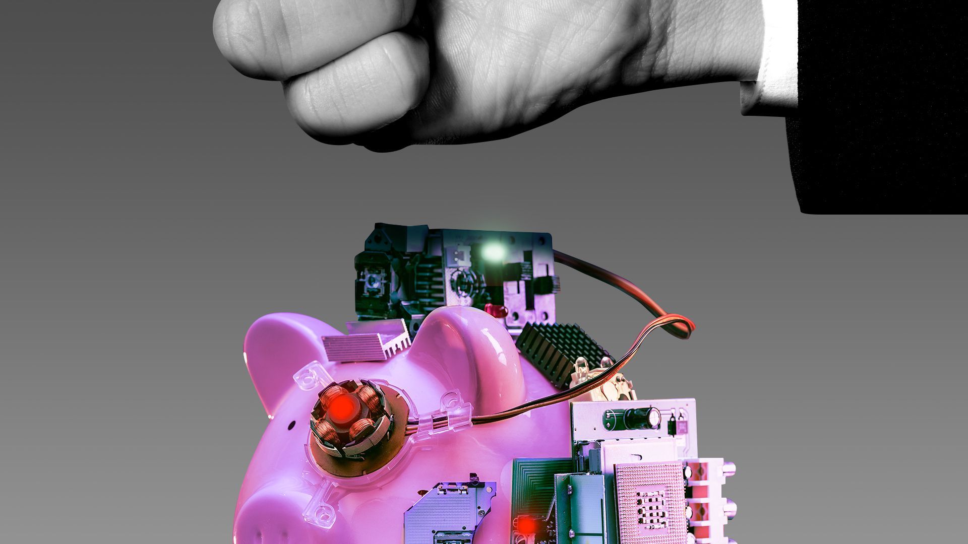Illustration of a cyberpunk themed piggy bank with a fist hovering above it menacingly.