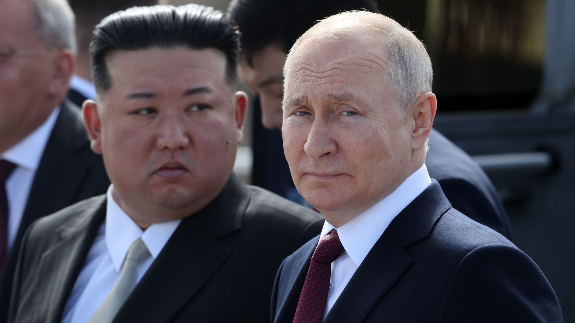 Russian President Vladimir Putin (R) and North Korean leader Kim Jong-un (L) visit a construction site of the Angara rocket launch complex on September 13, 2023 in Tsiolkovsky, Russia. North Korean leader Kim Jong-un is in Russia for talks with Russian President Putin. 
