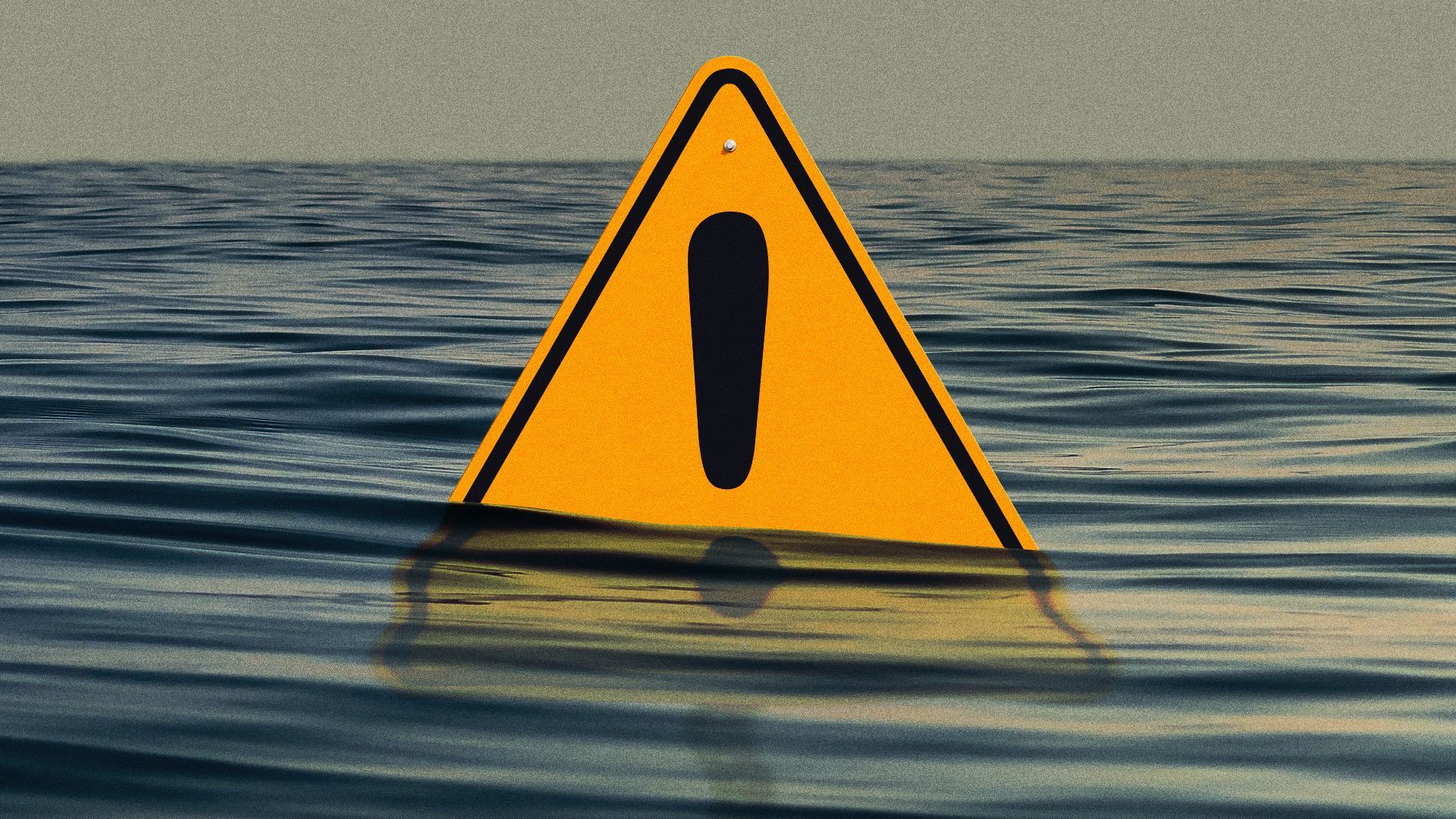 Illustration of a warning sign submerged under flood waters.