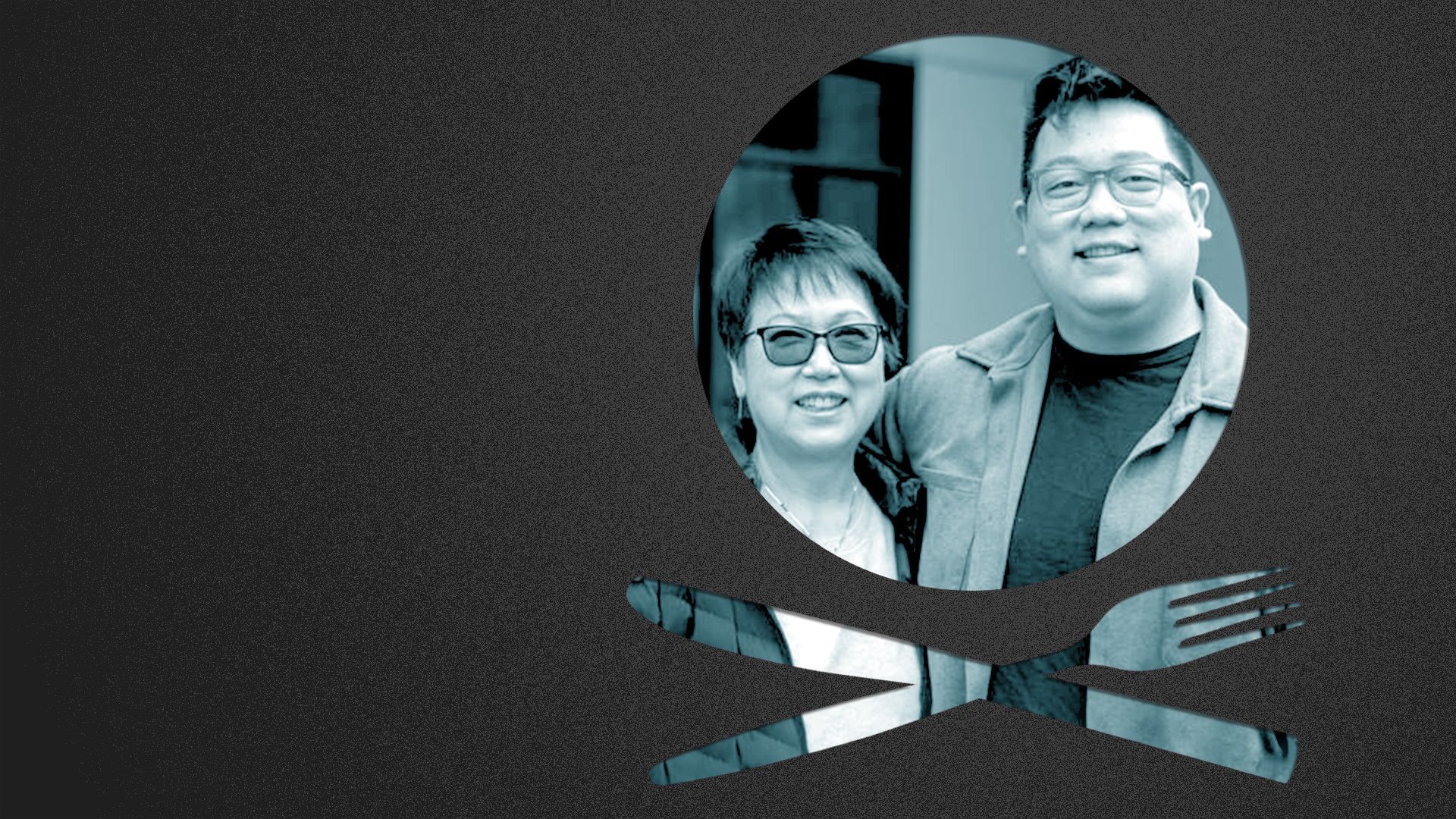 Photo illustration of a place setting shaped like a skull and crossbones containing a photo of Ed and Jane Kim.
