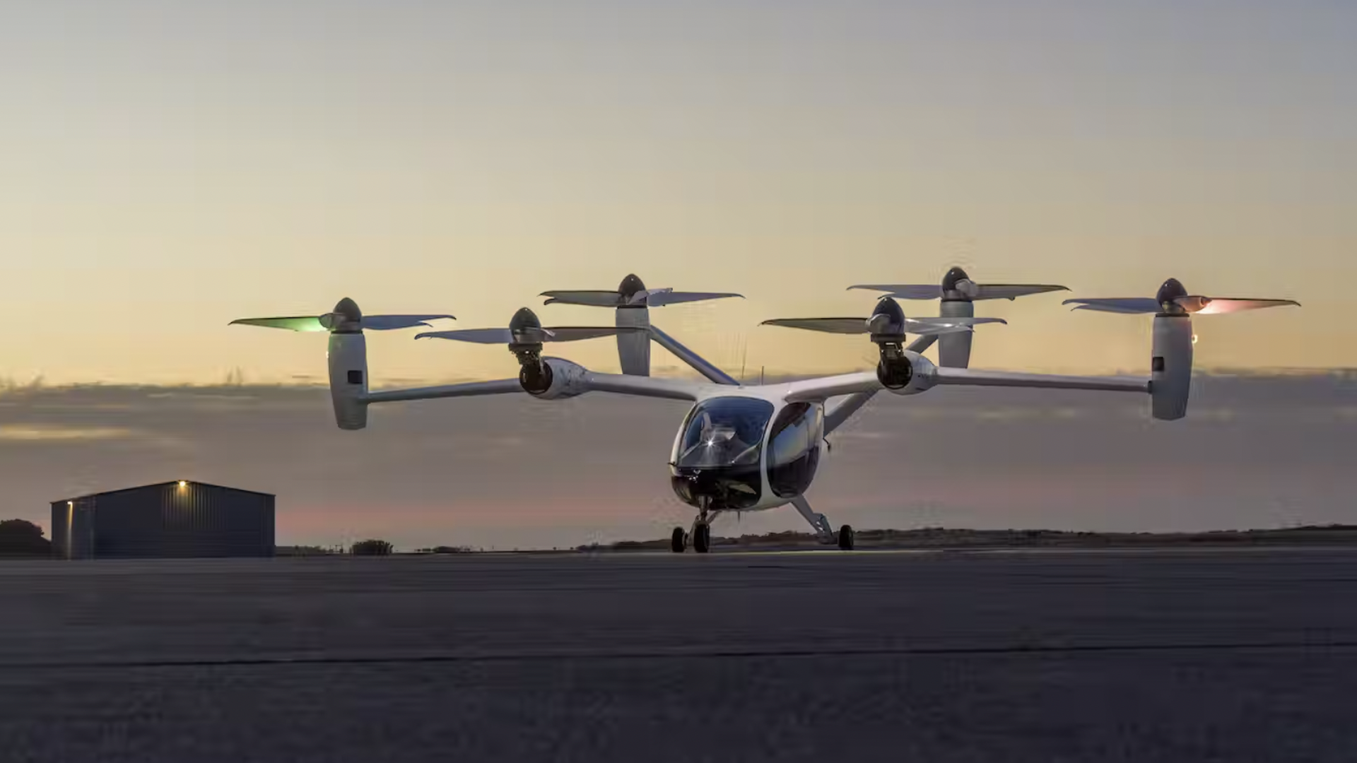 The Joby aircraft poised for takeoff at the company's manufacturing and flight testing facility in Marina, California. 