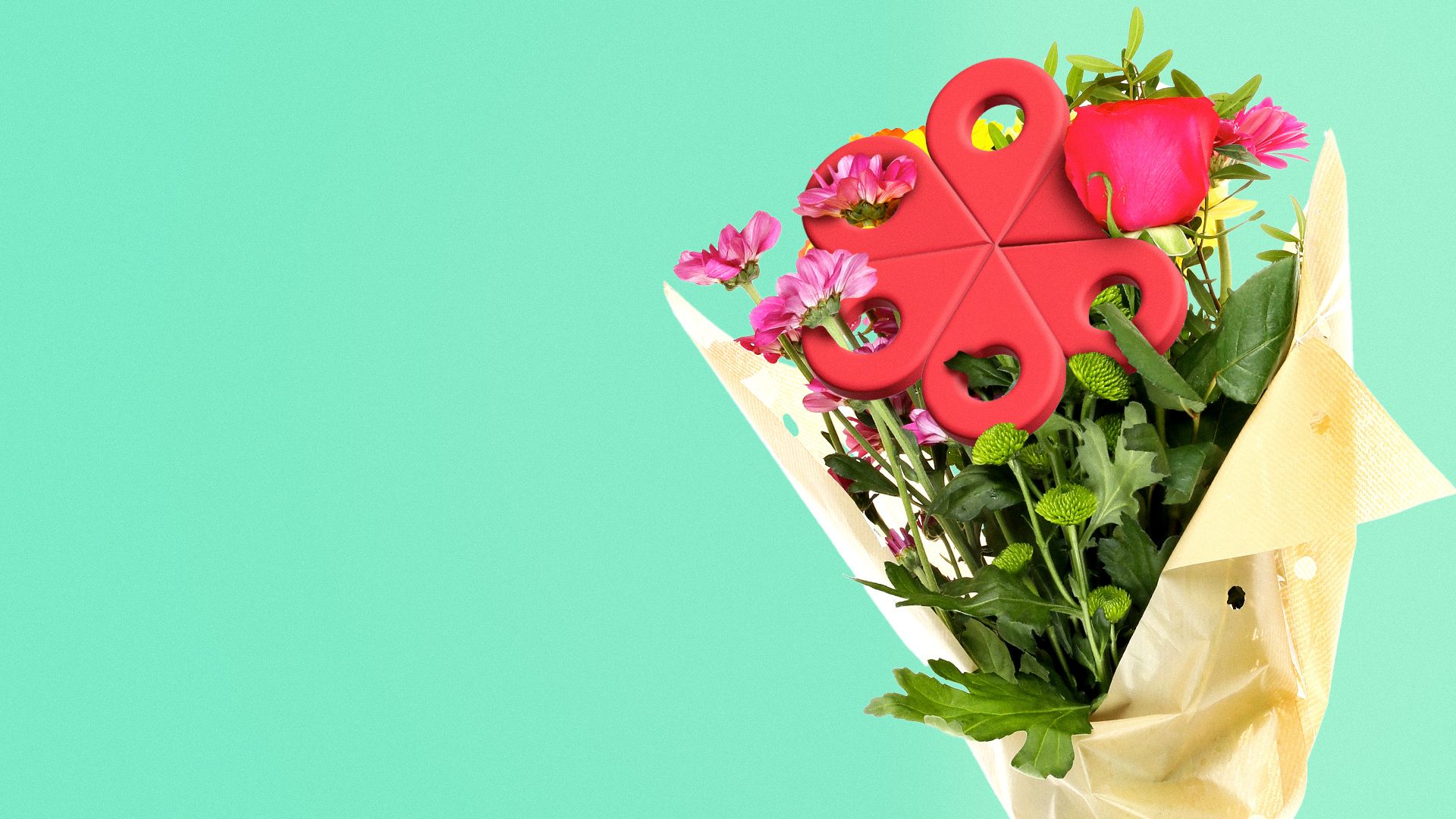 Illustration of a bouquet of flowers with one flower made up of navigation icons arranged in a circular flower shaped pattern.