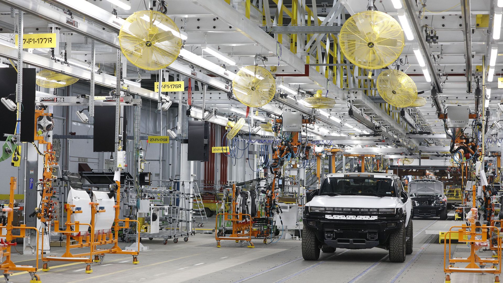 An incomplete GMC Hummer EV at a factory in Detroit in August 2021.
