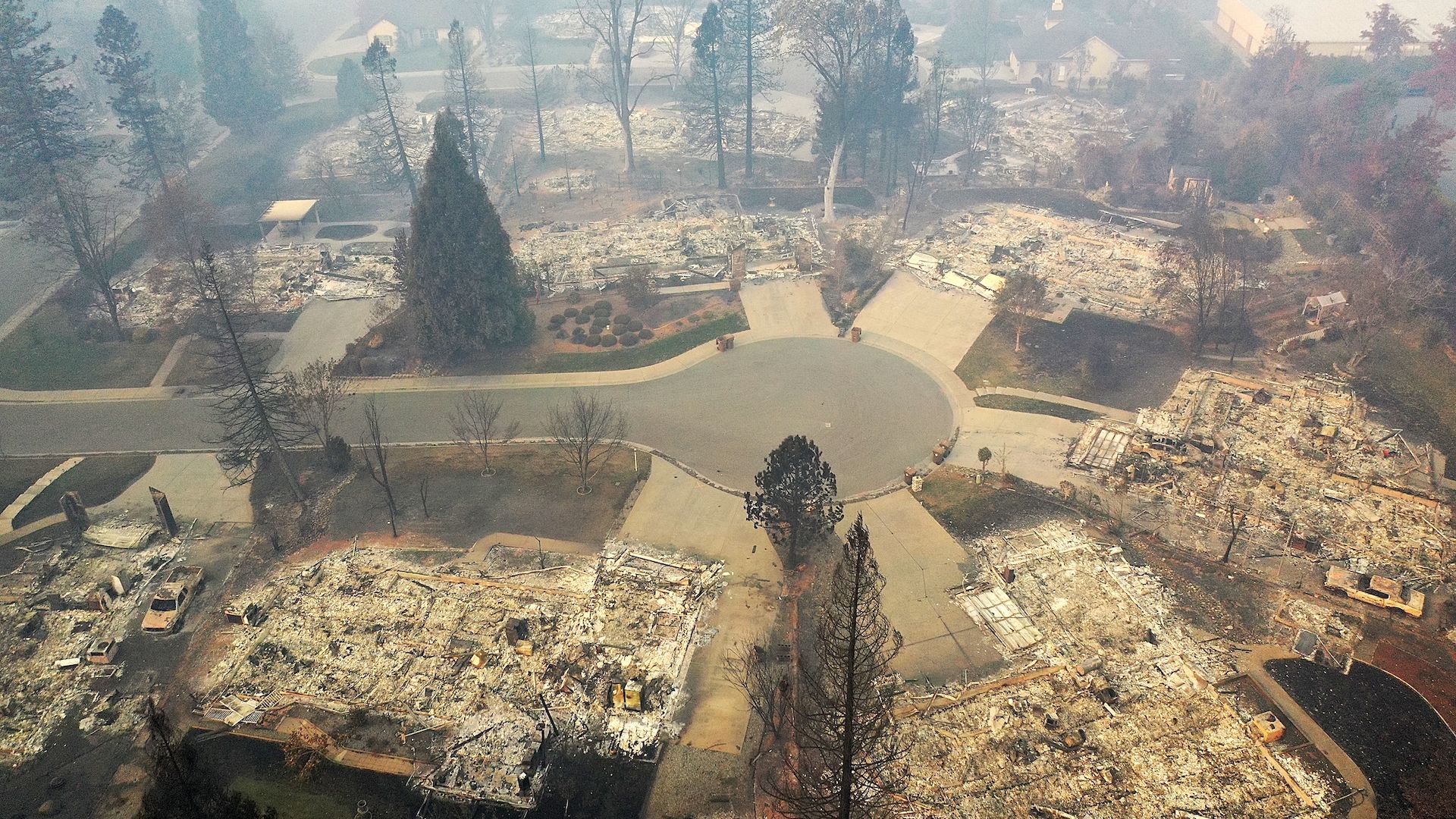 PARADISE, CA - NOVEMBER 15: An aerial view of a neighborhood destroyed by the Camp Fire on November 15, 2018 in Paradise, California.