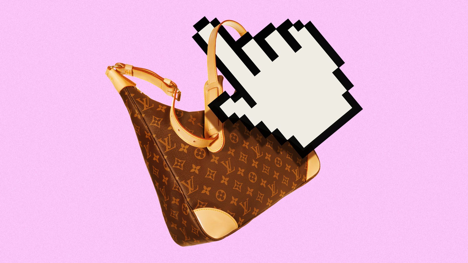Illustration of a cursor taking a louis vuitton handbag
