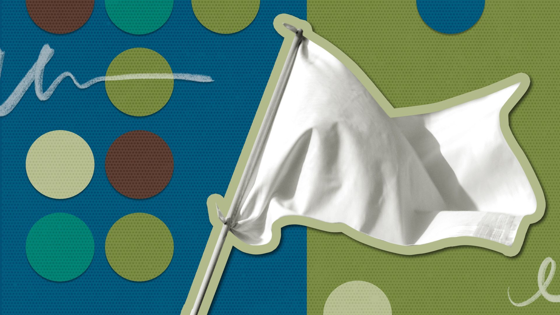 an illustration of a waving white flag surrounded by textured circles and signatures 