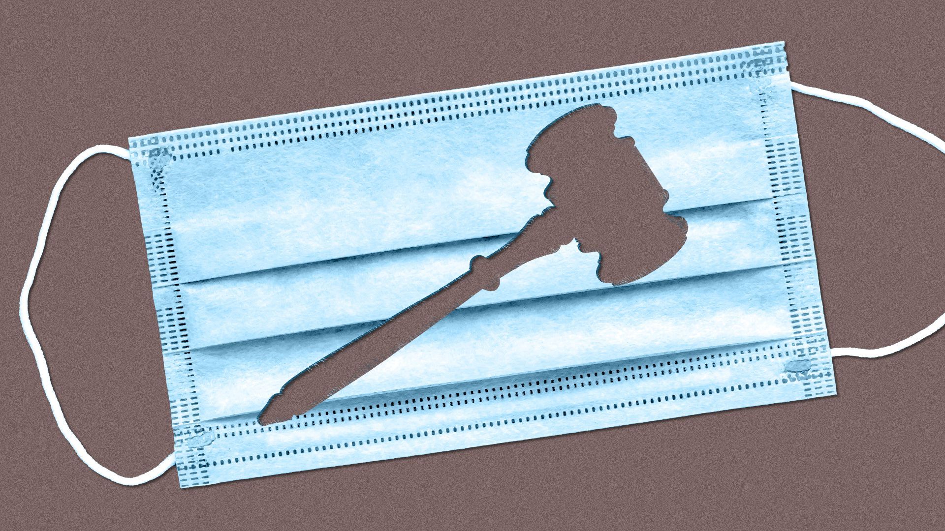 Illustration of a covid mask with a hole in the shape of a gavel.